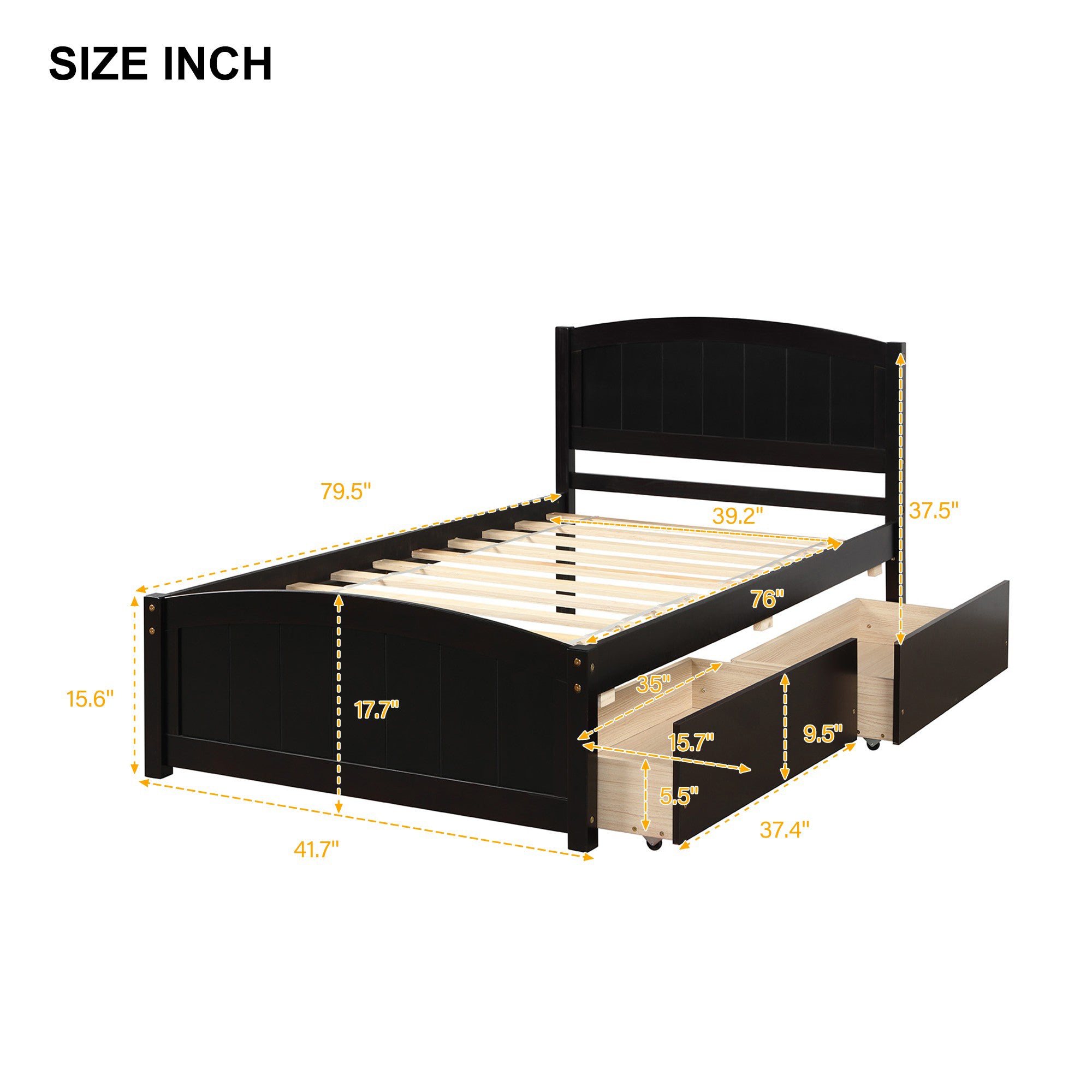 Twin Wood Frame Platform Bed with 2 Drawers
