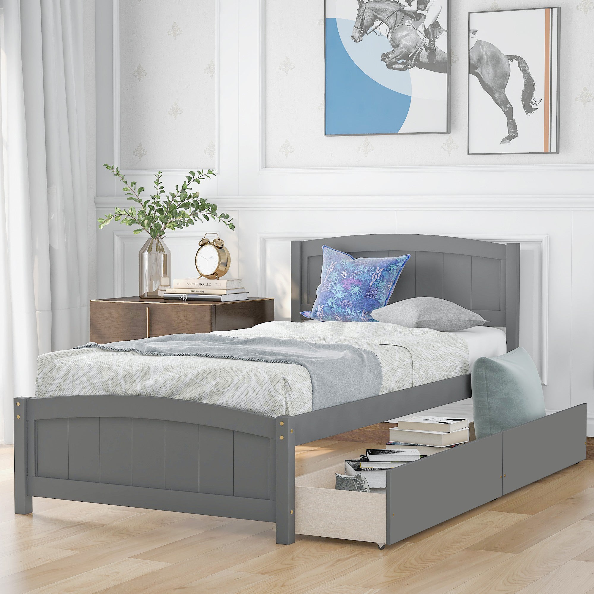 Twin Wood Frame Platform Bed with 2 Drawers