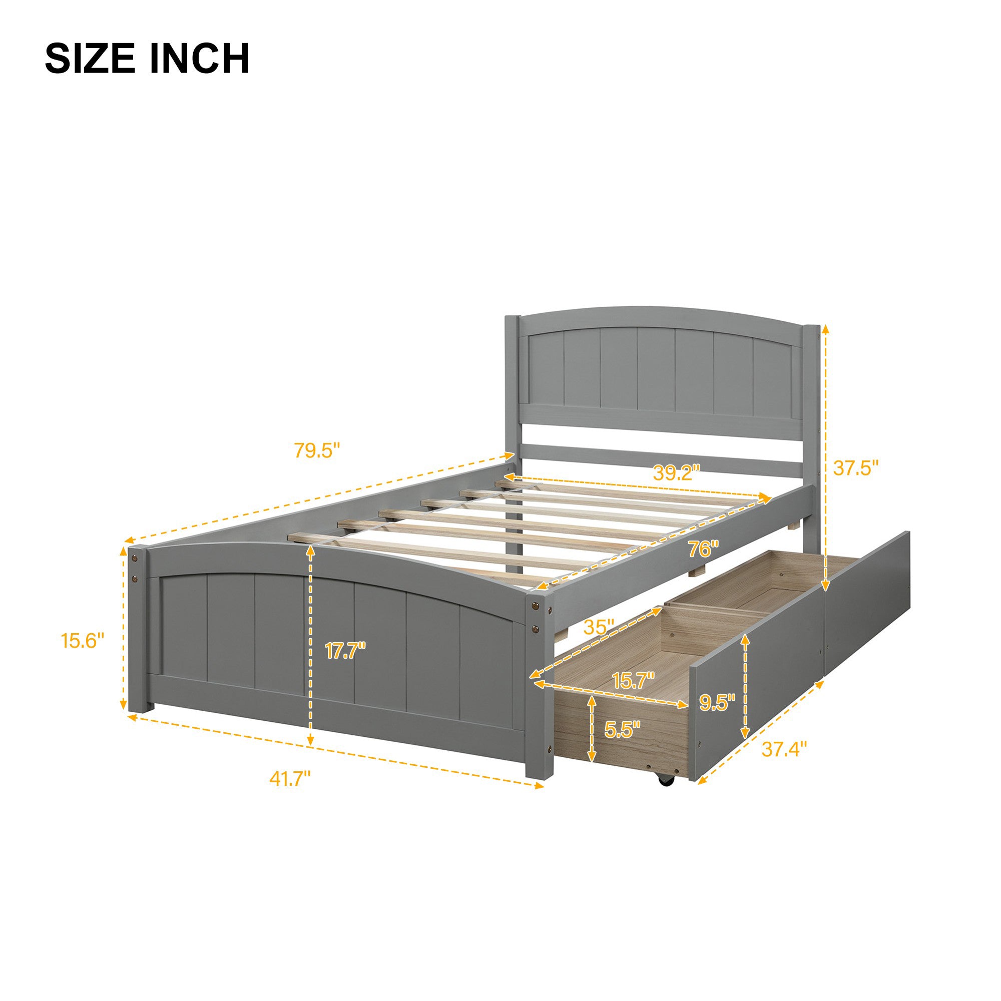 Twin Wood Frame Platform Bed with 2 Drawers