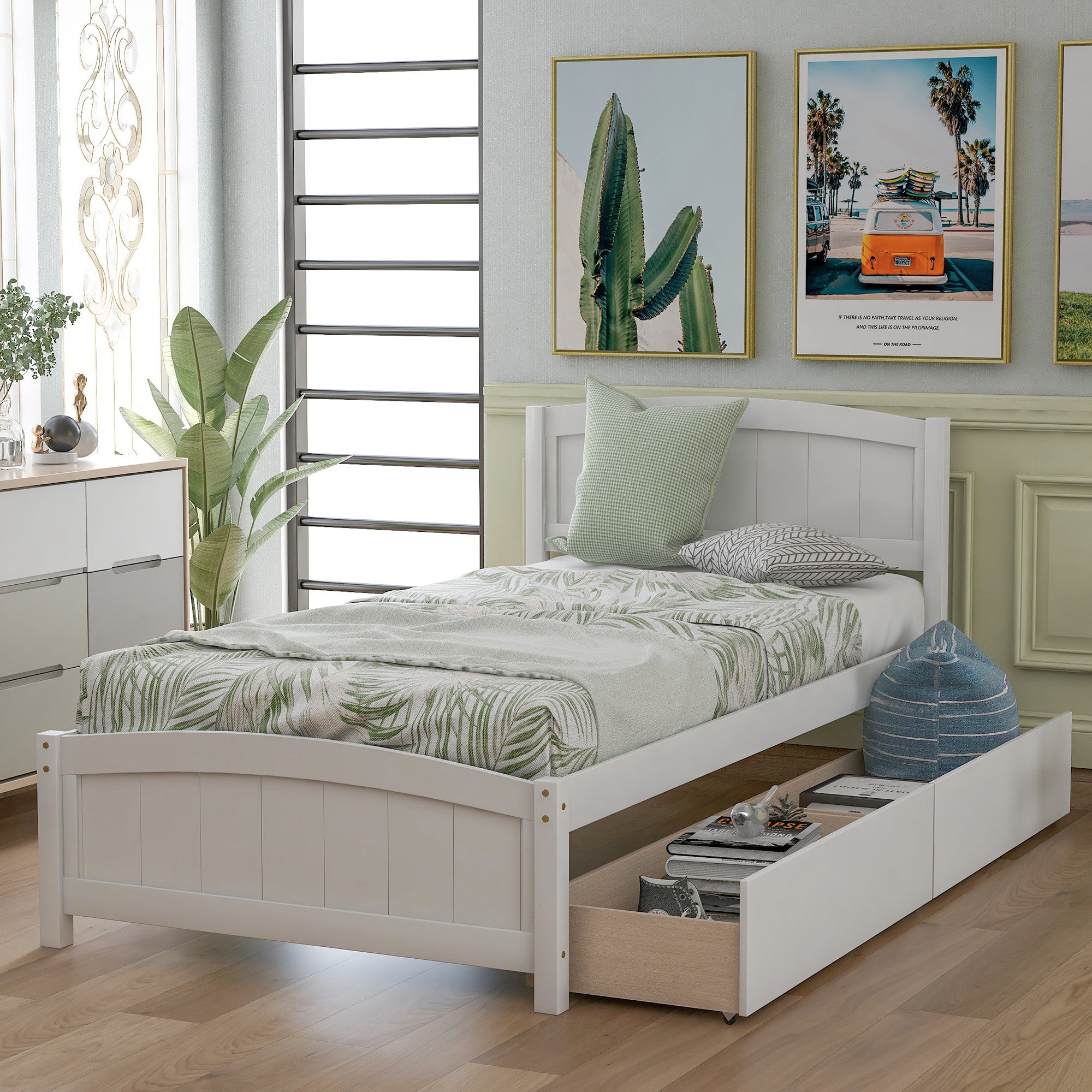 Twin Wood Frame Platform Bed with 2 Drawers