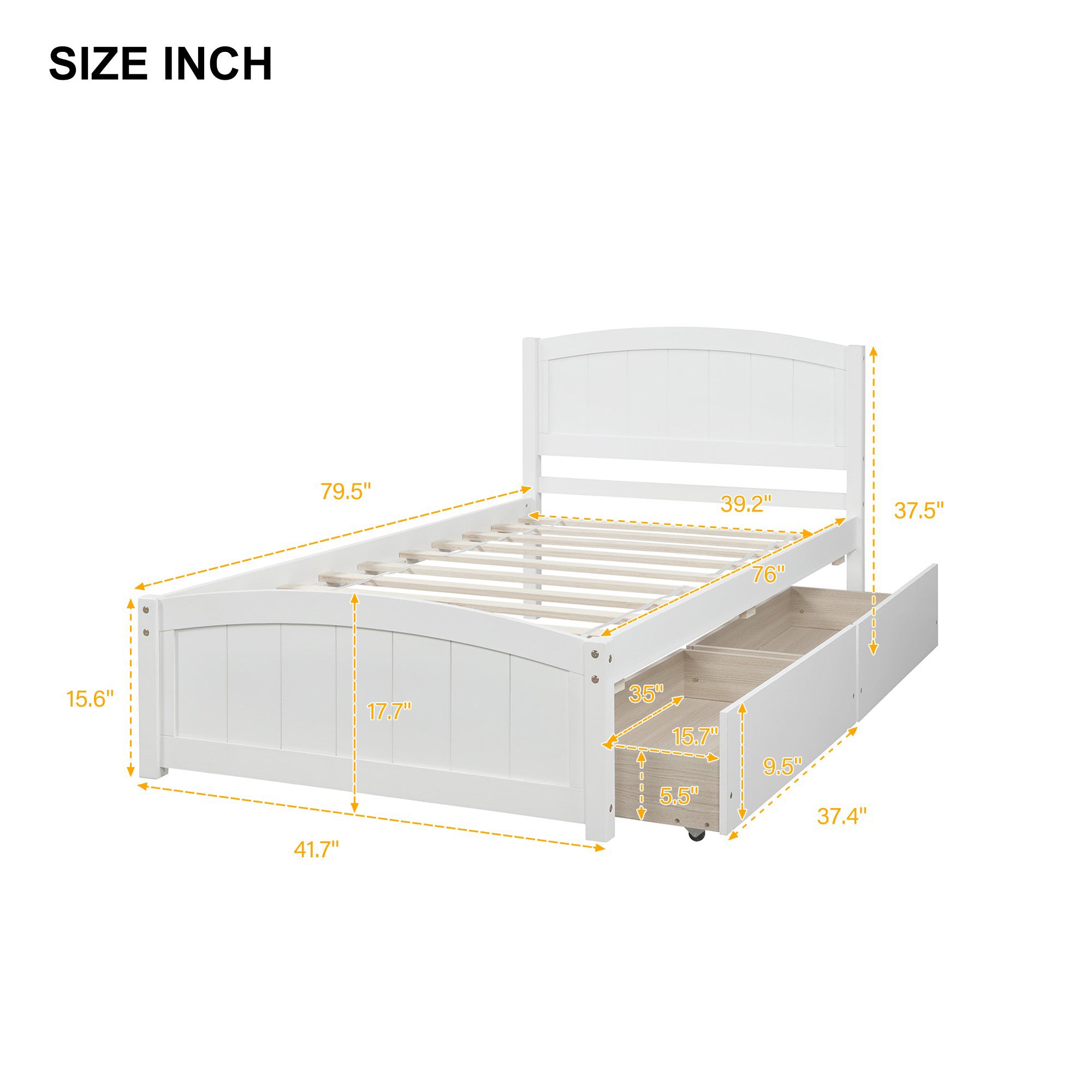 Twin Wood Frame Platform Bed with 2 Drawers