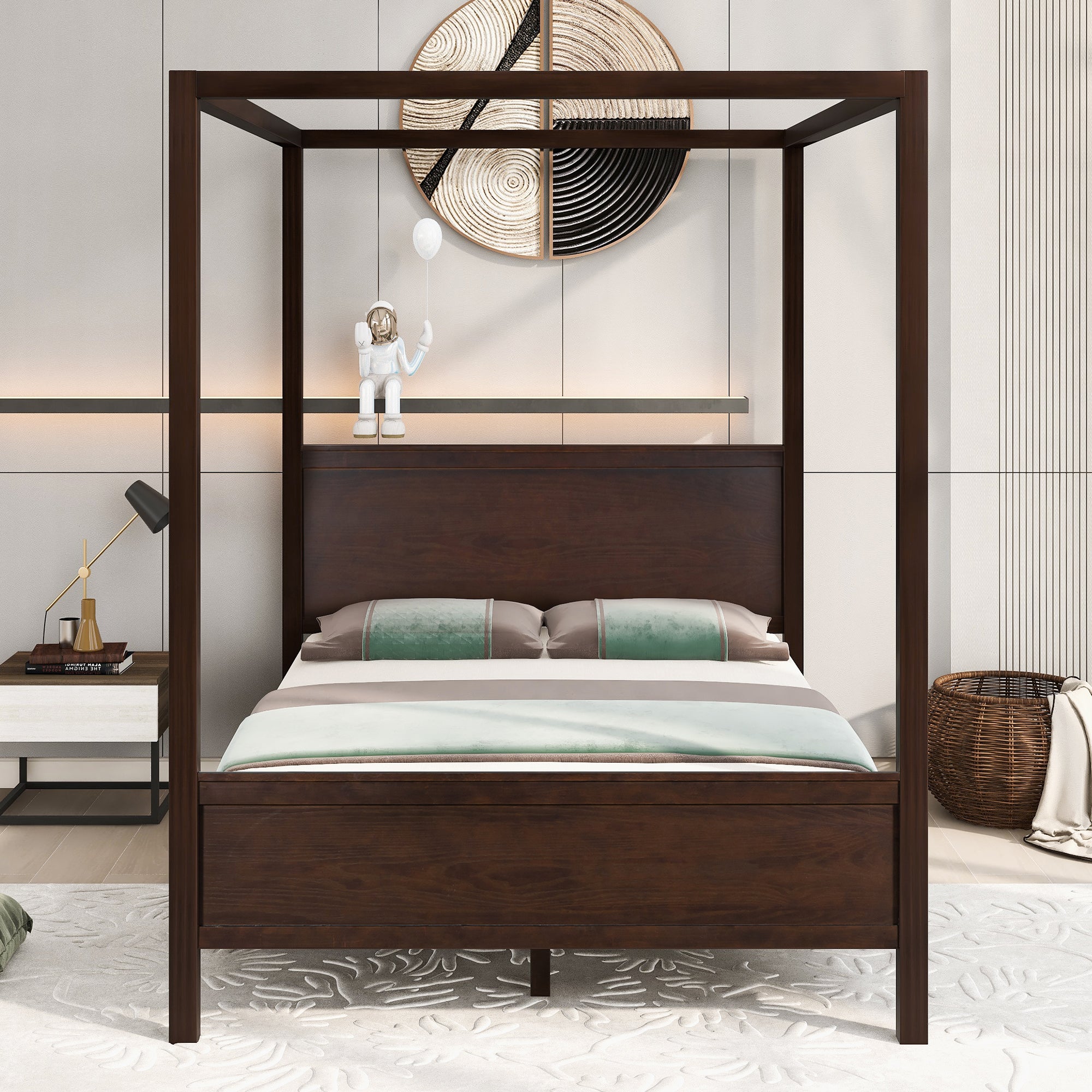 Queen Wood Frame Canopy Bed with Headboard and Footboard
