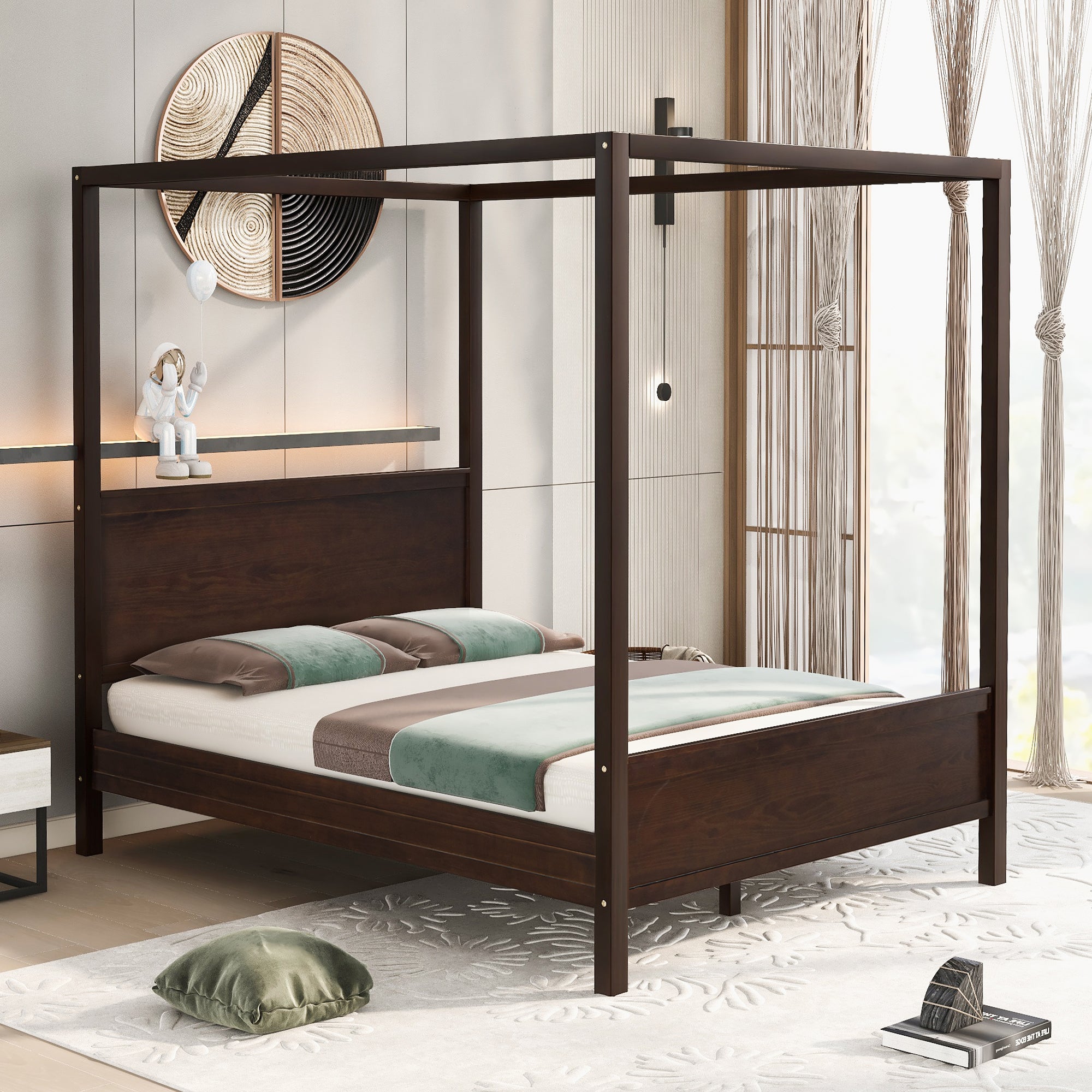 Queen Wood Frame Canopy Bed with Headboard and Footboard