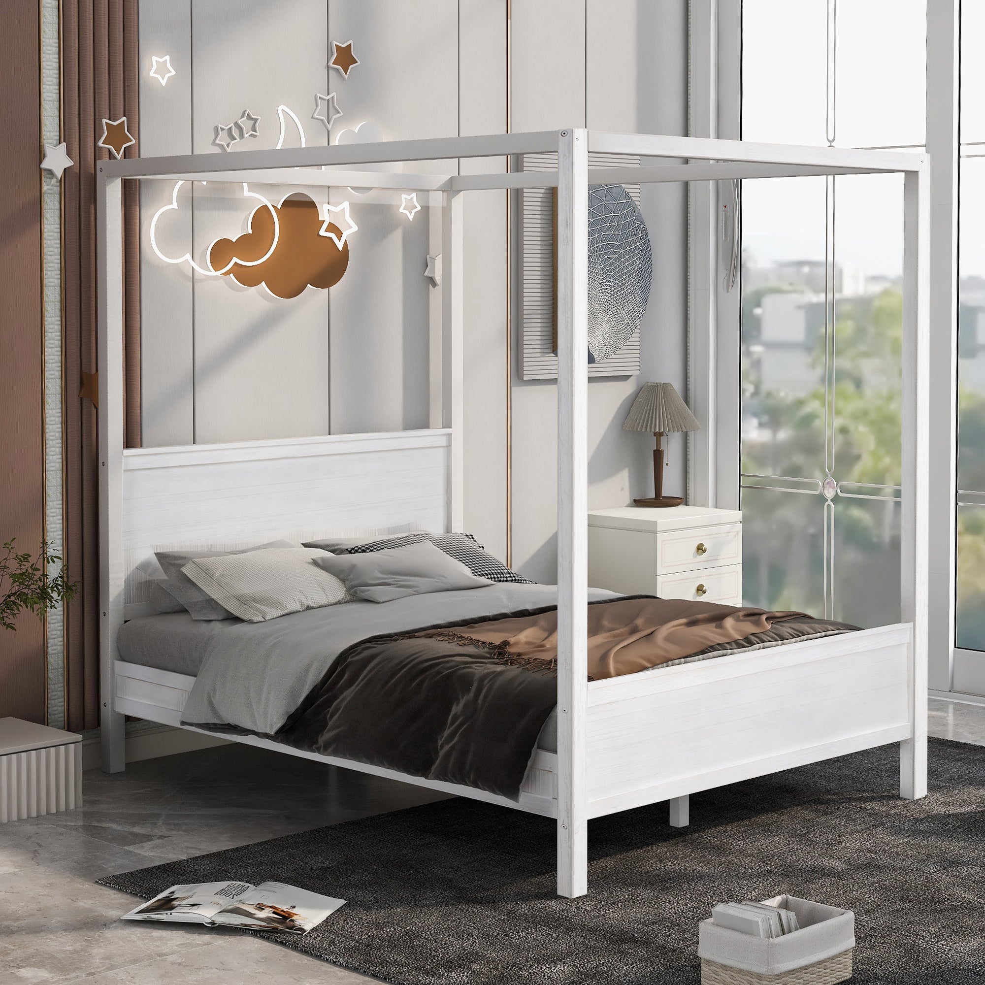 Queen Wood Frame Canopy Bed with Headboard and Footboard