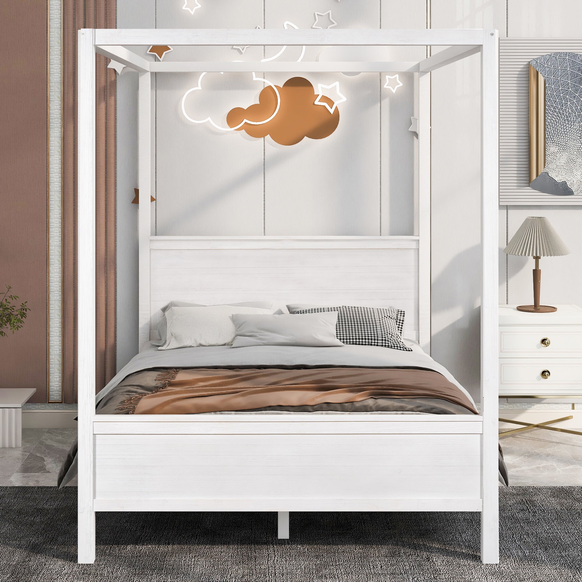 Queen Wood Frame Canopy Bed with Headboard and Footboard