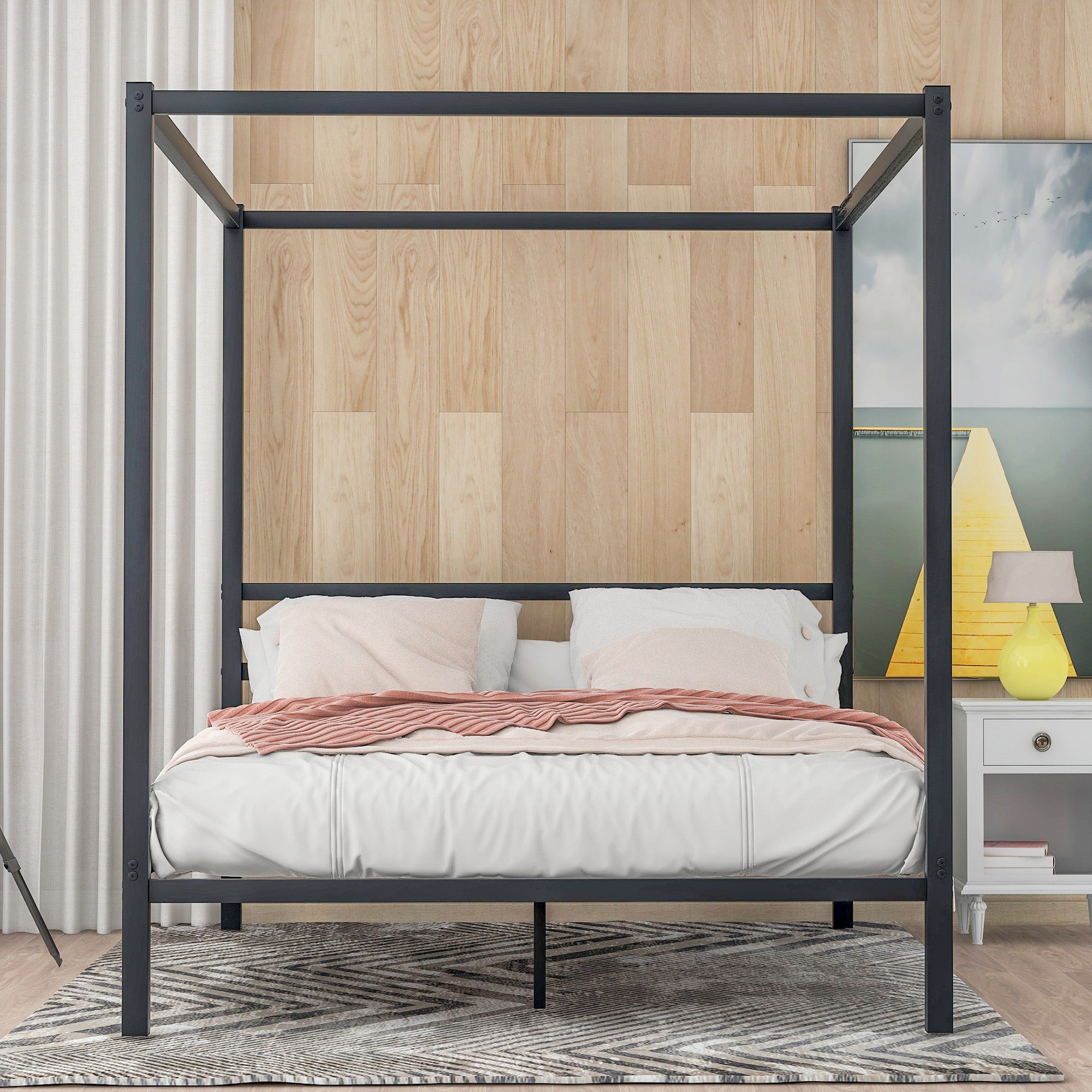 Queen Metal Frame Canopy Platform Bed with Center Legs