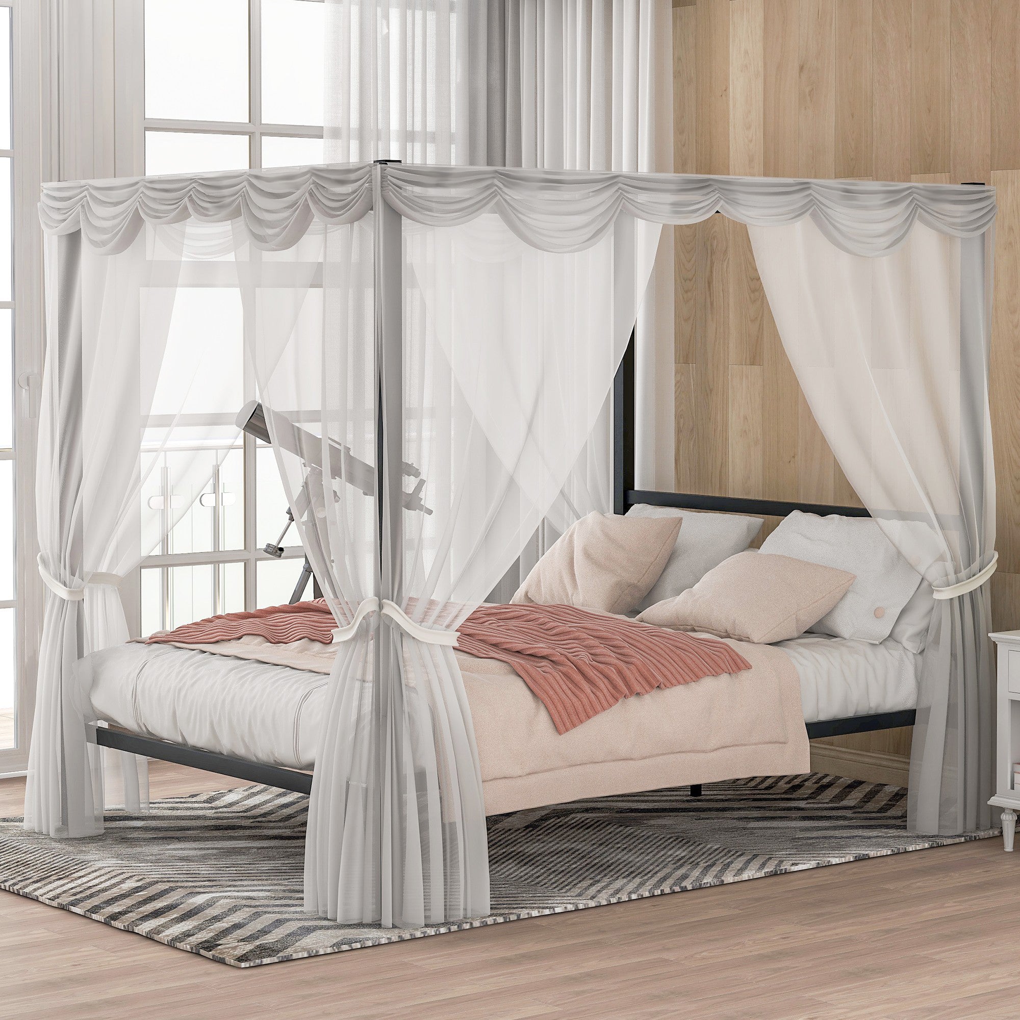 Queen Metal Frame Canopy Platform Bed with Center Legs