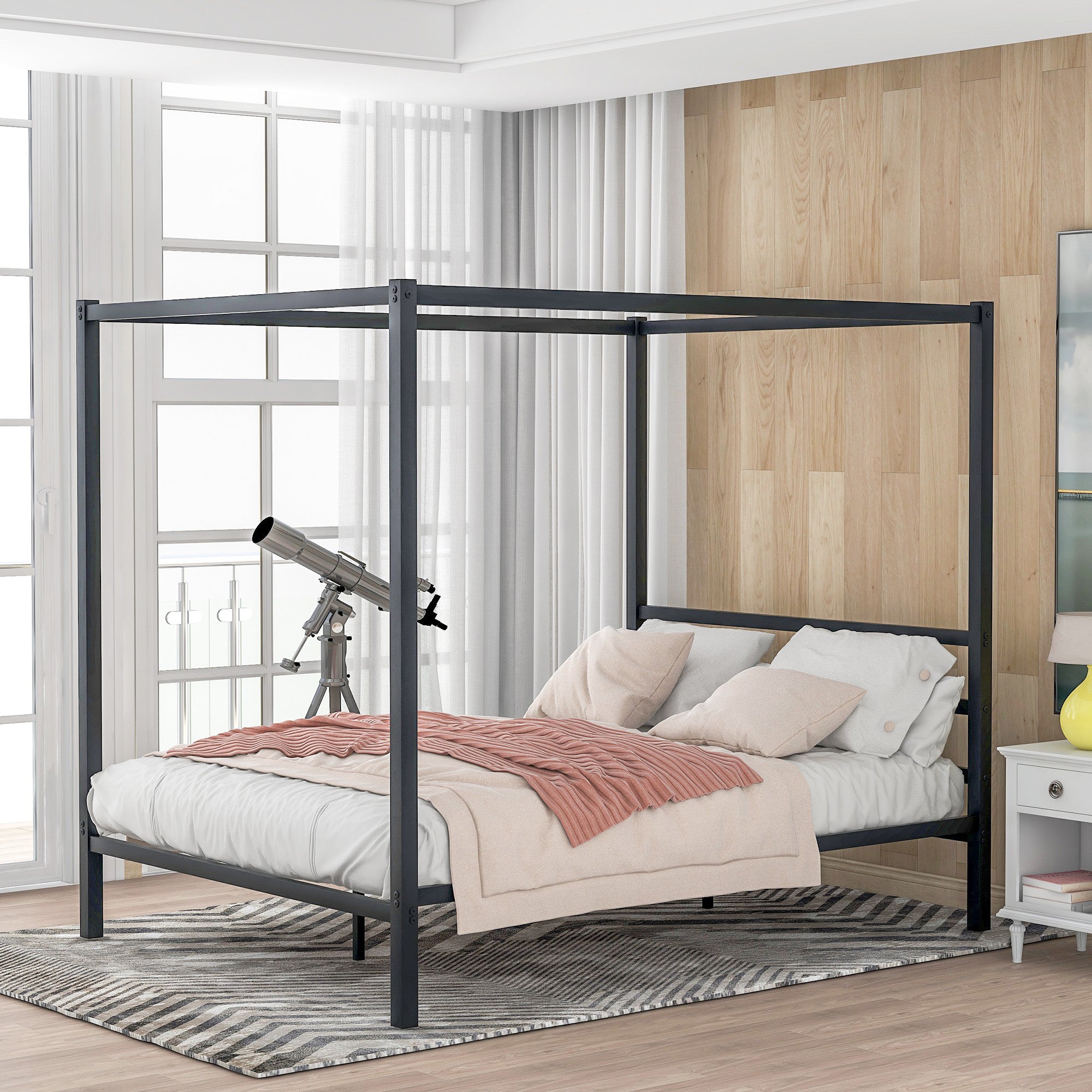 Queen Metal Frame Canopy Platform Bed with Center Legs