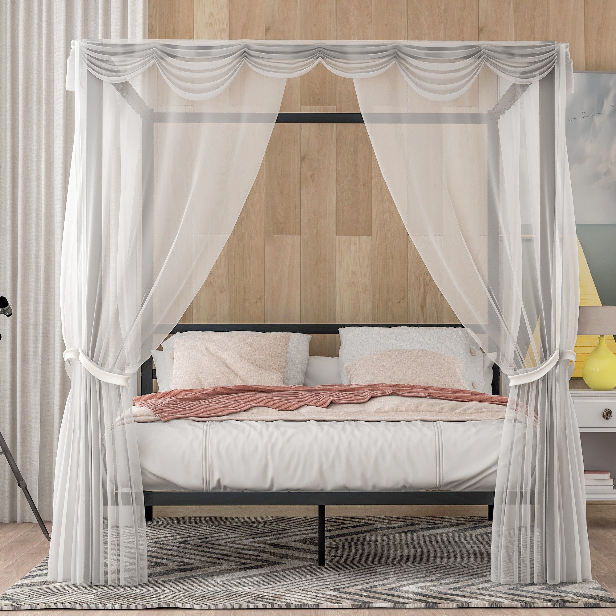 Queen Metal Frame Canopy Platform Bed with Center Legs
