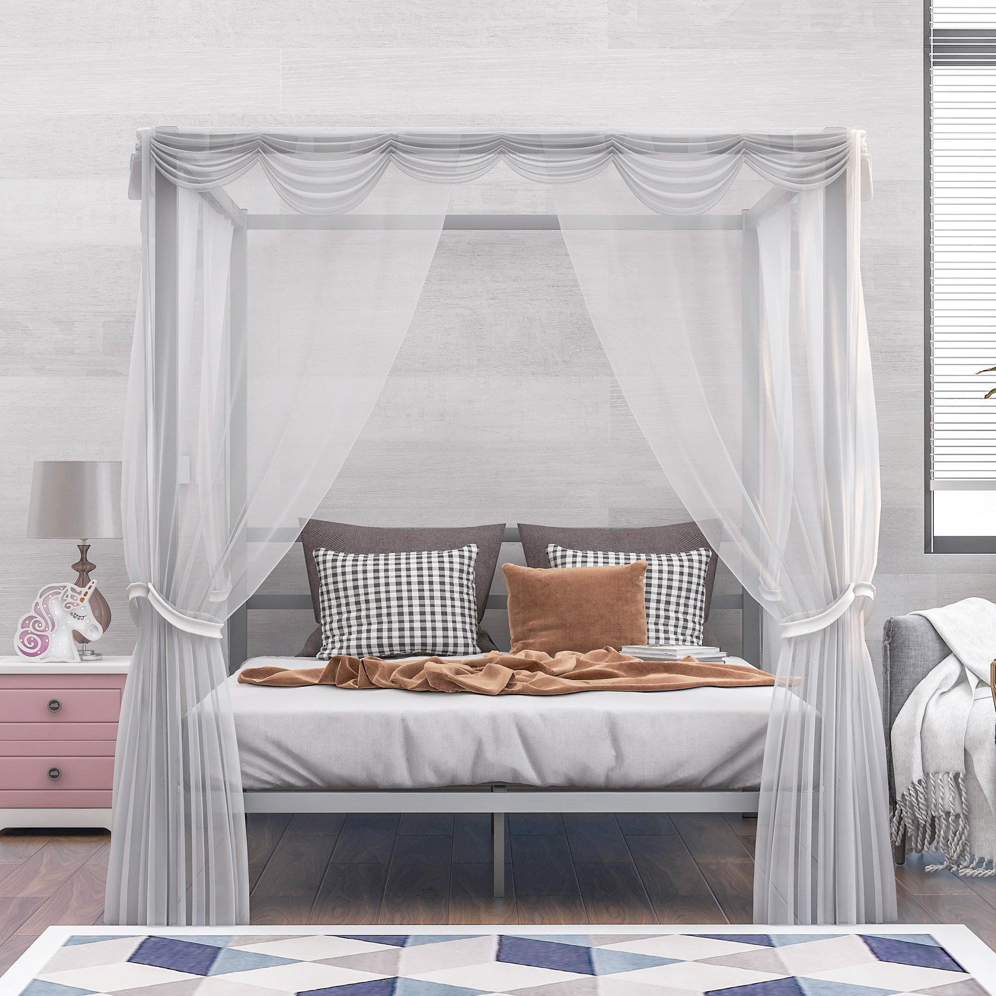 Queen Metal Frame Canopy Platform Bed with Center Legs