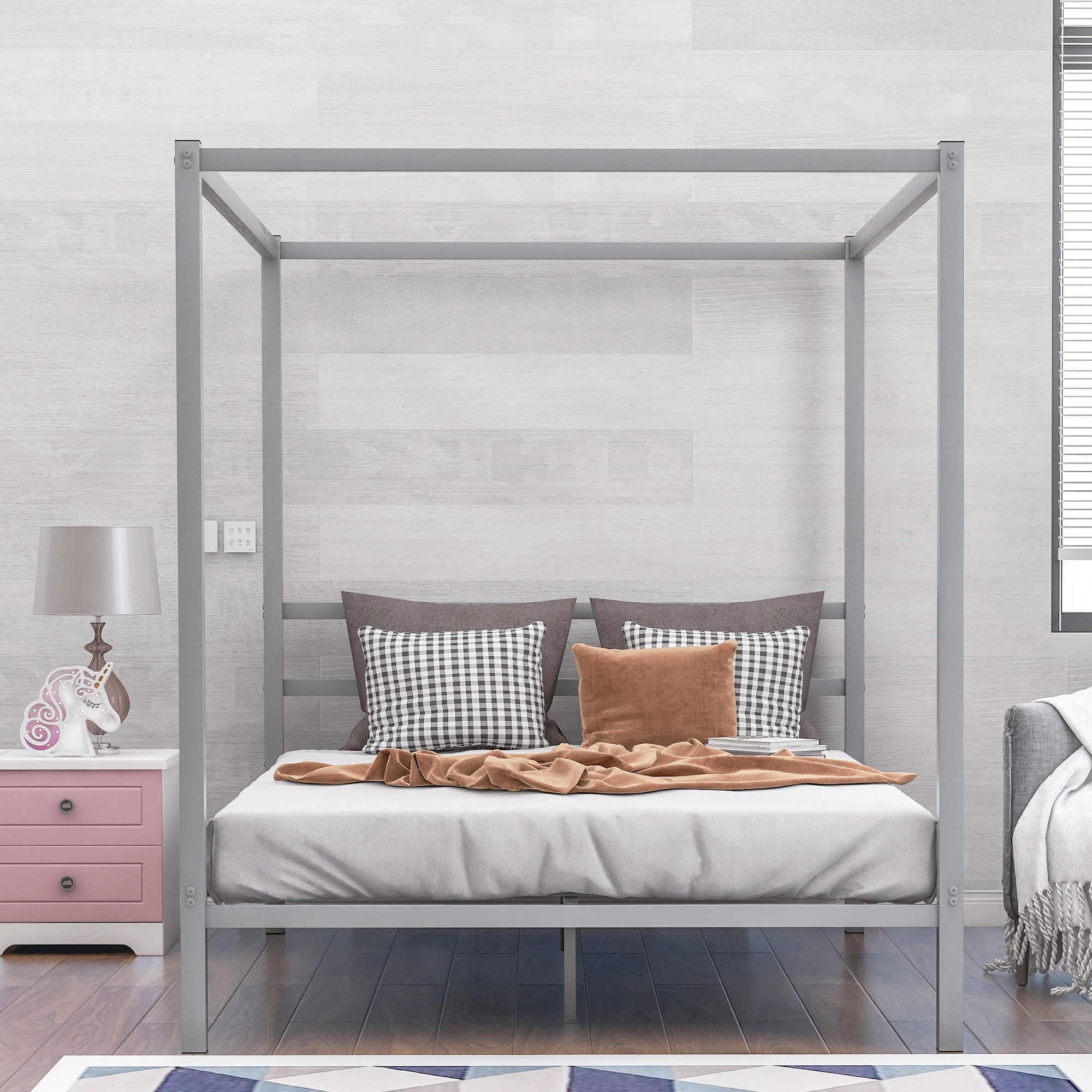 Queen Metal Frame Canopy Platform Bed with Center Legs