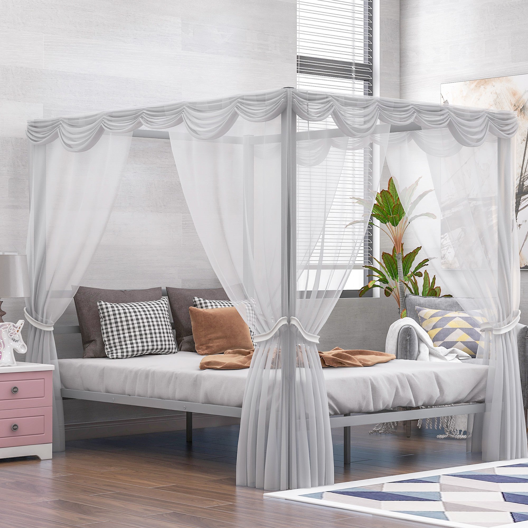 Queen Metal Frame Canopy Platform Bed with Center Legs