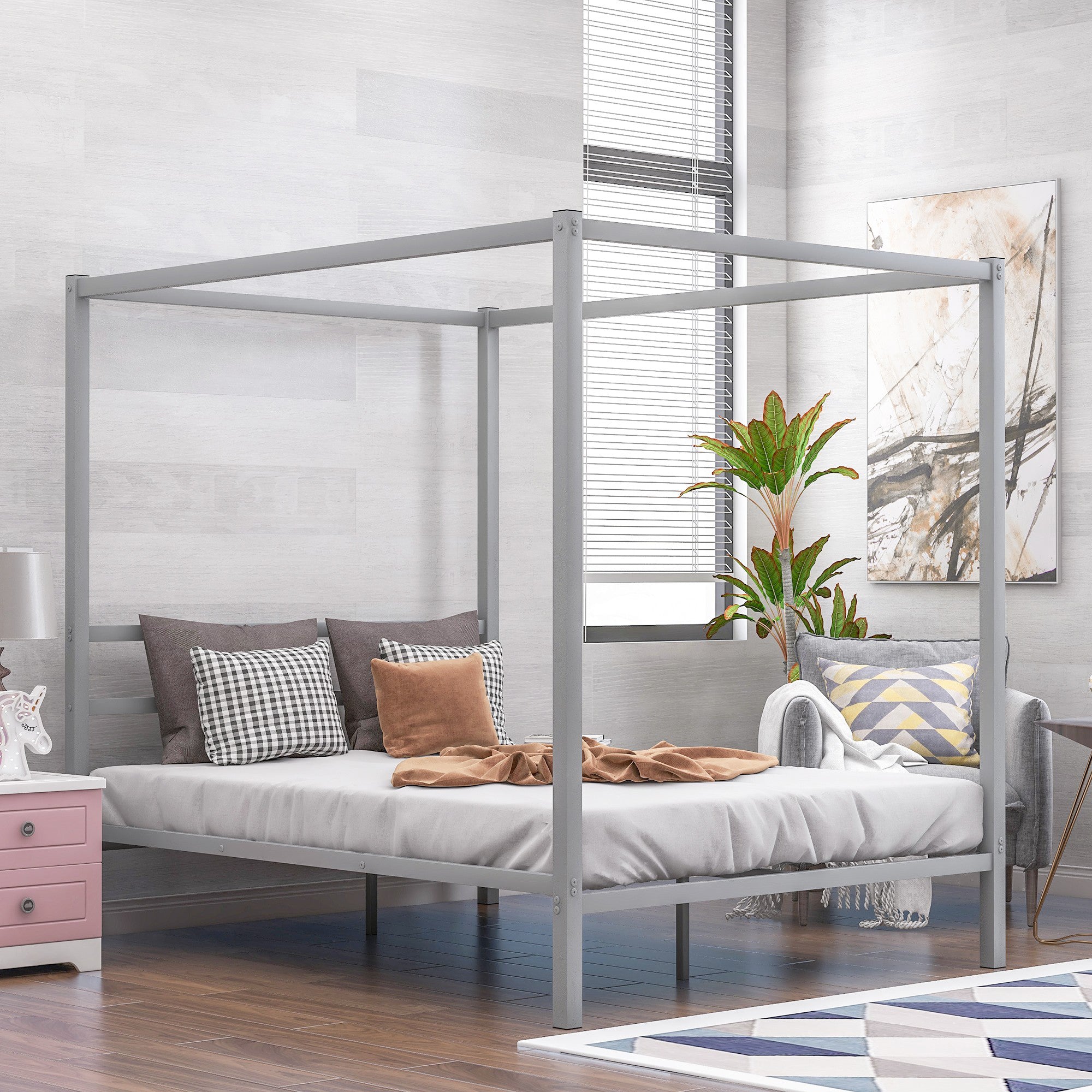 Queen Metal Frame Canopy Platform Bed with Center Legs
