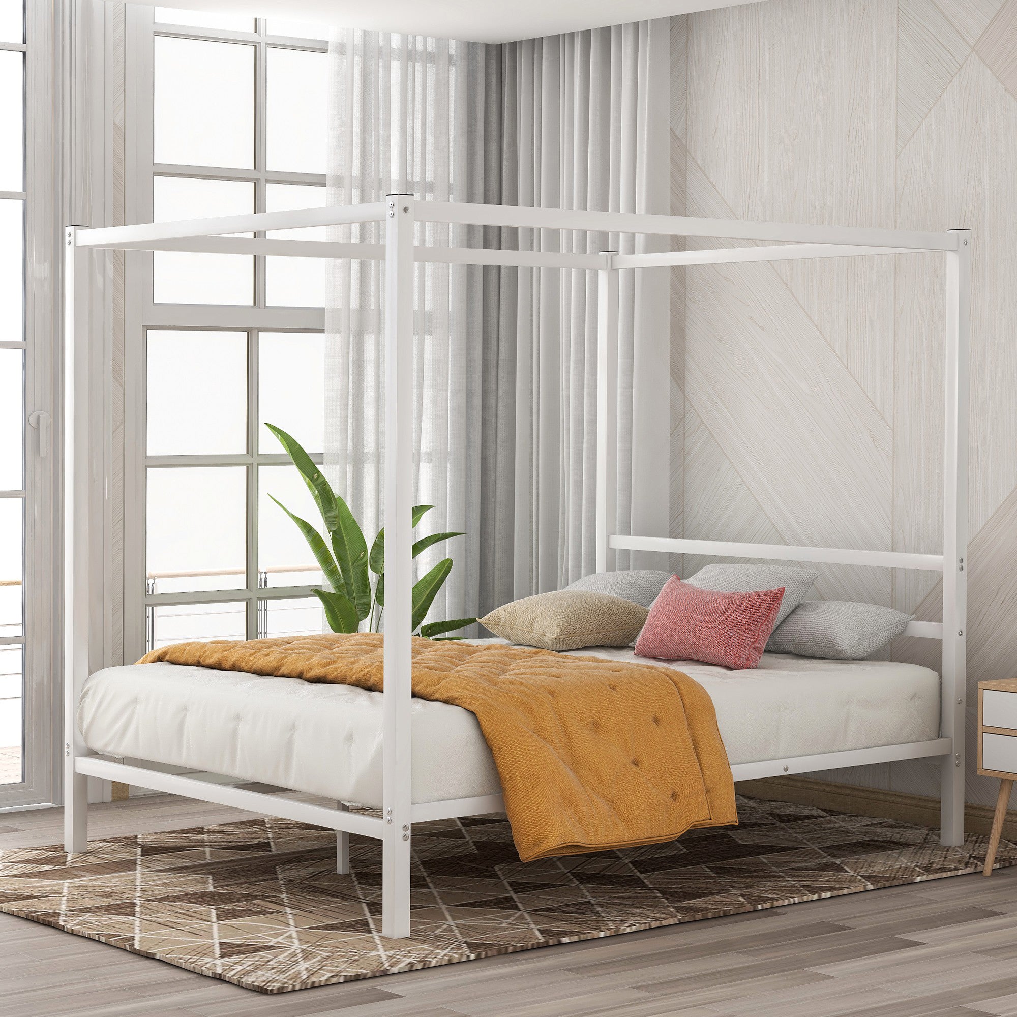 Queen Metal Frame Canopy Platform Bed with Center Legs