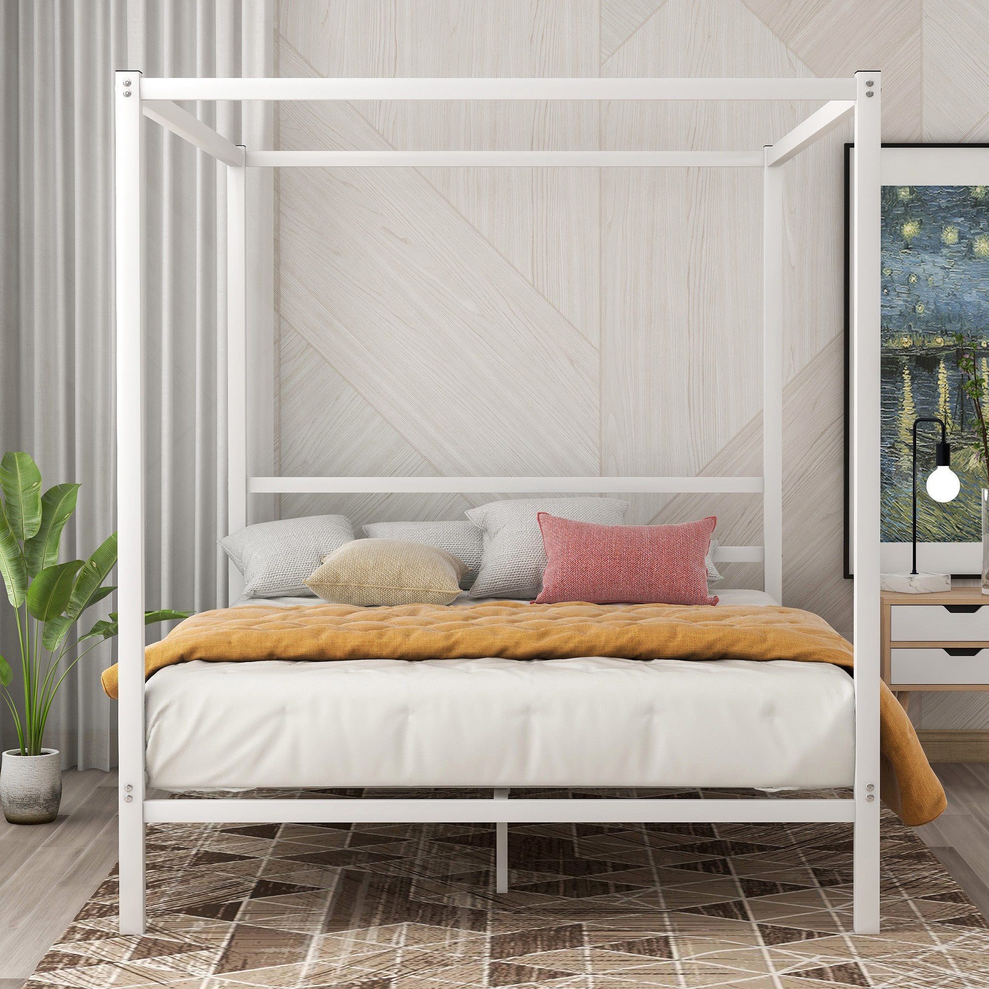 Queen Metal Frame Canopy Platform Bed with Center Legs