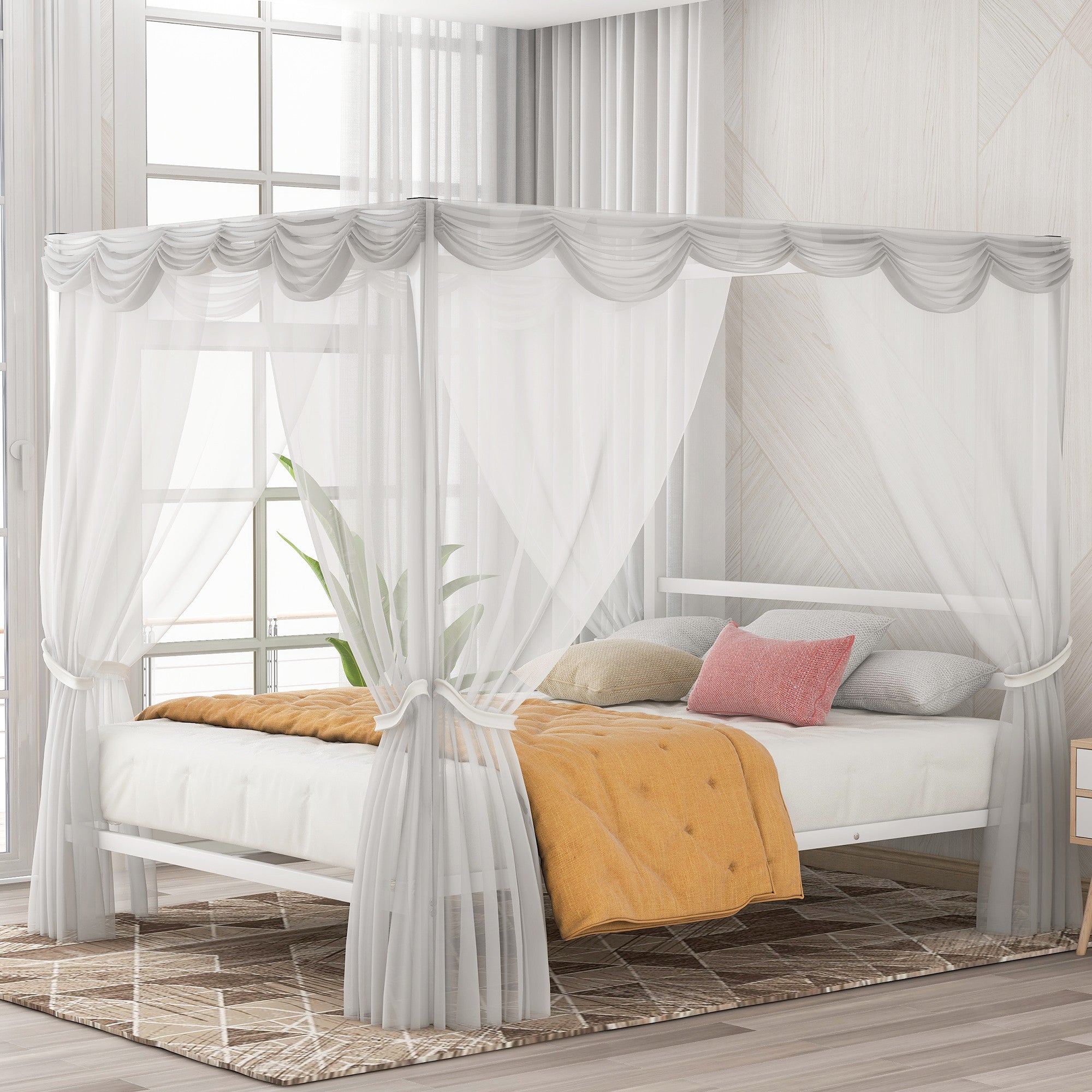 Queen Metal Frame Canopy Platform Bed with Center Legs