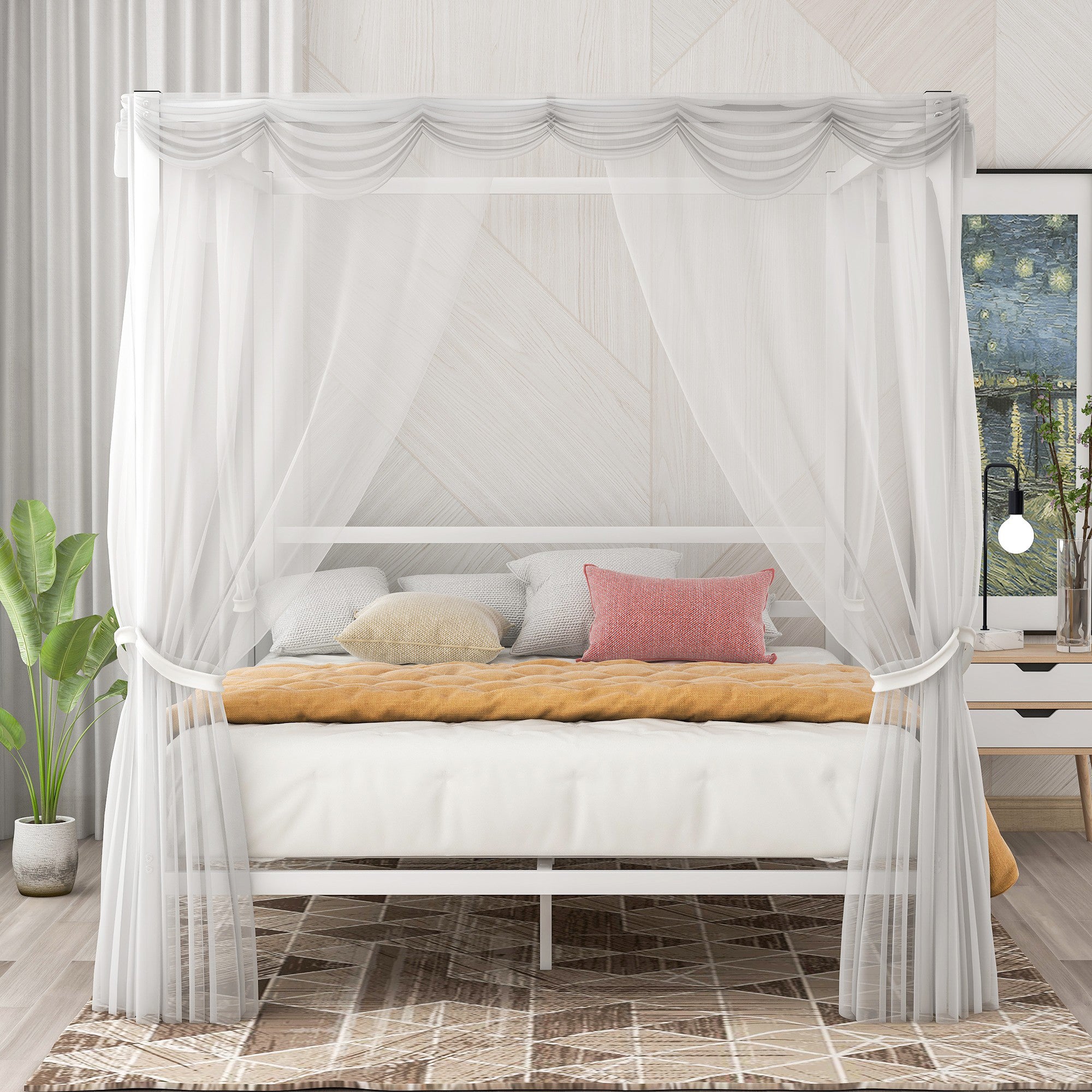 Queen Metal Frame Canopy Platform Bed with Center Legs