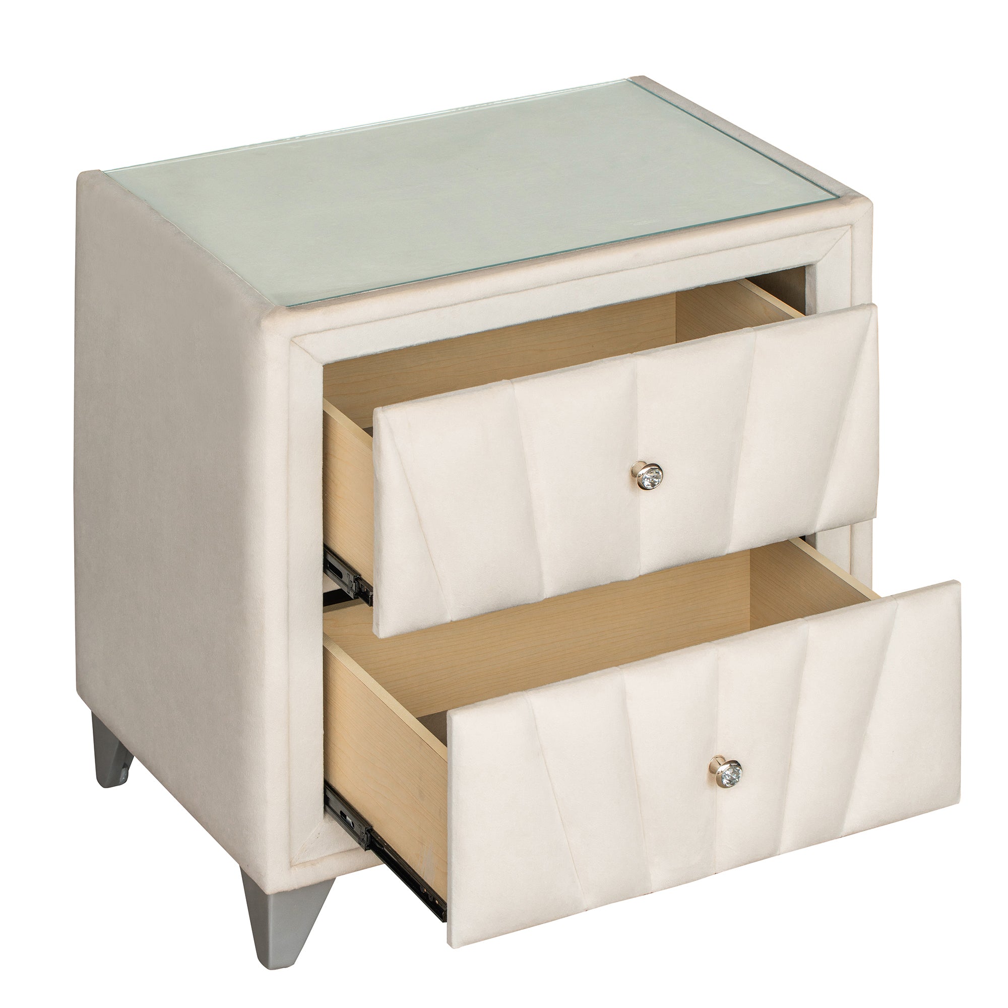 2-Drawer Wood Nightstand with Velvet Fabric and Glass Worktop