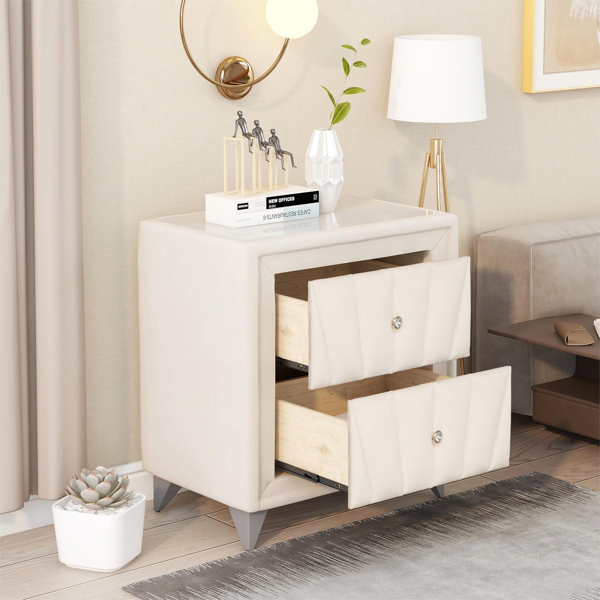 2-Drawer Wood Nightstand with Velvet Fabric and Glass Worktop