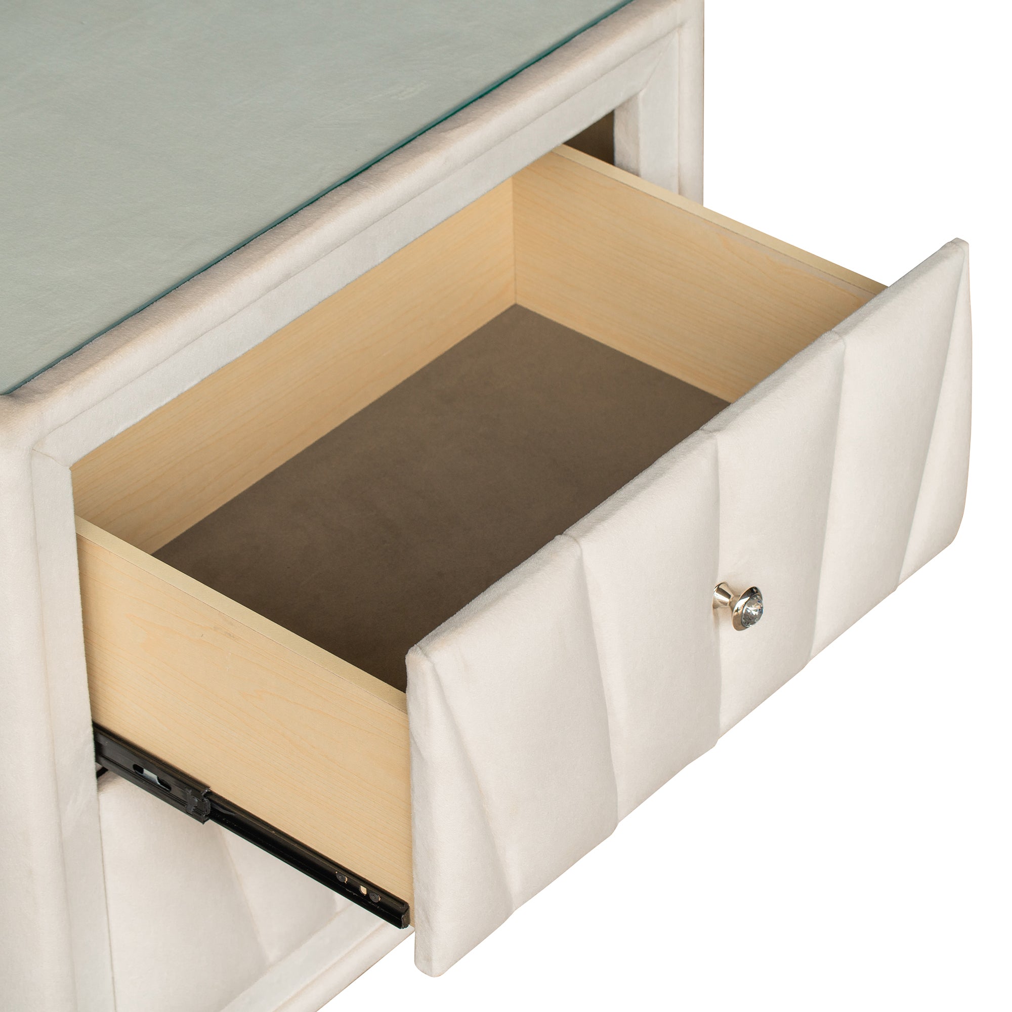 2-Drawer Wood Nightstand with Velvet Fabric and Glass Worktop