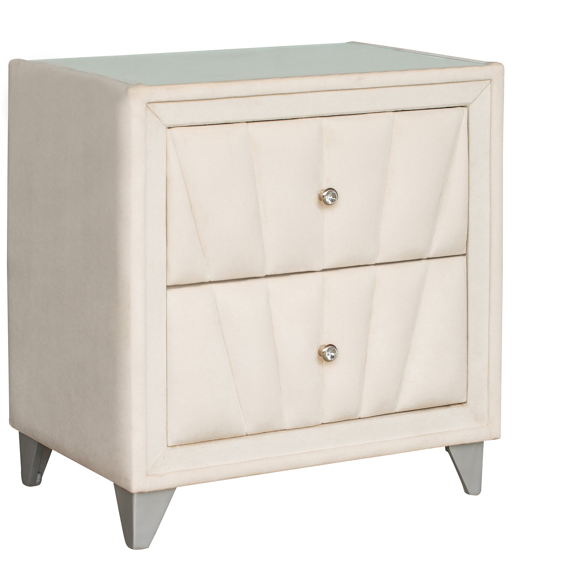 2-Drawer Wood Nightstand with Velvet Fabric and Glass Worktop