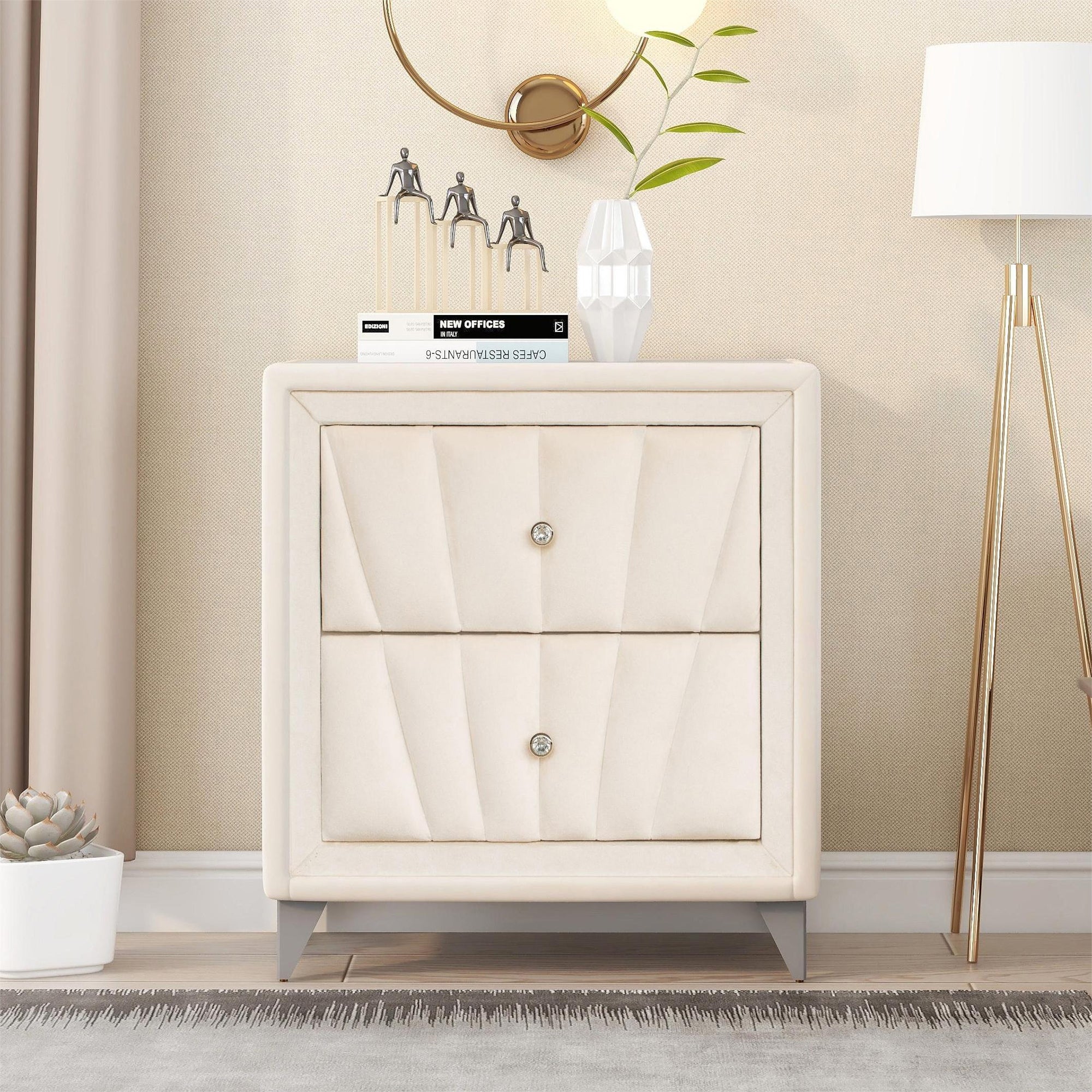 2-Drawer Wood Nightstand with Velvet Fabric and Glass Worktop