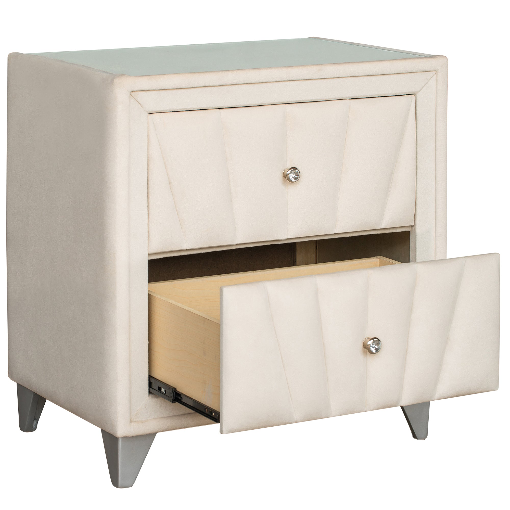 2-Drawer Wood Nightstand with Velvet Fabric and Glass Worktop