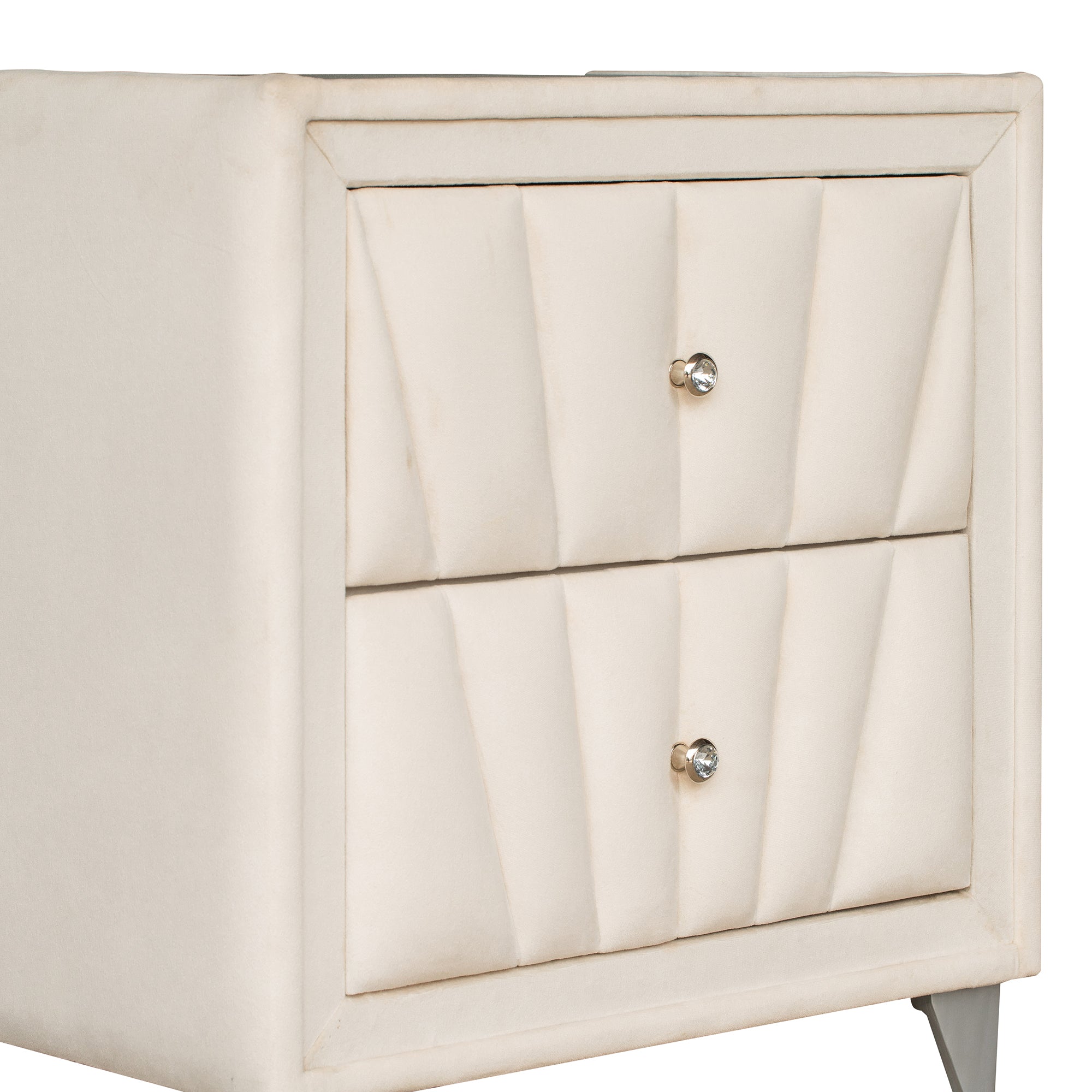 2-Drawer Wood Nightstand with Velvet Fabric and Glass Worktop