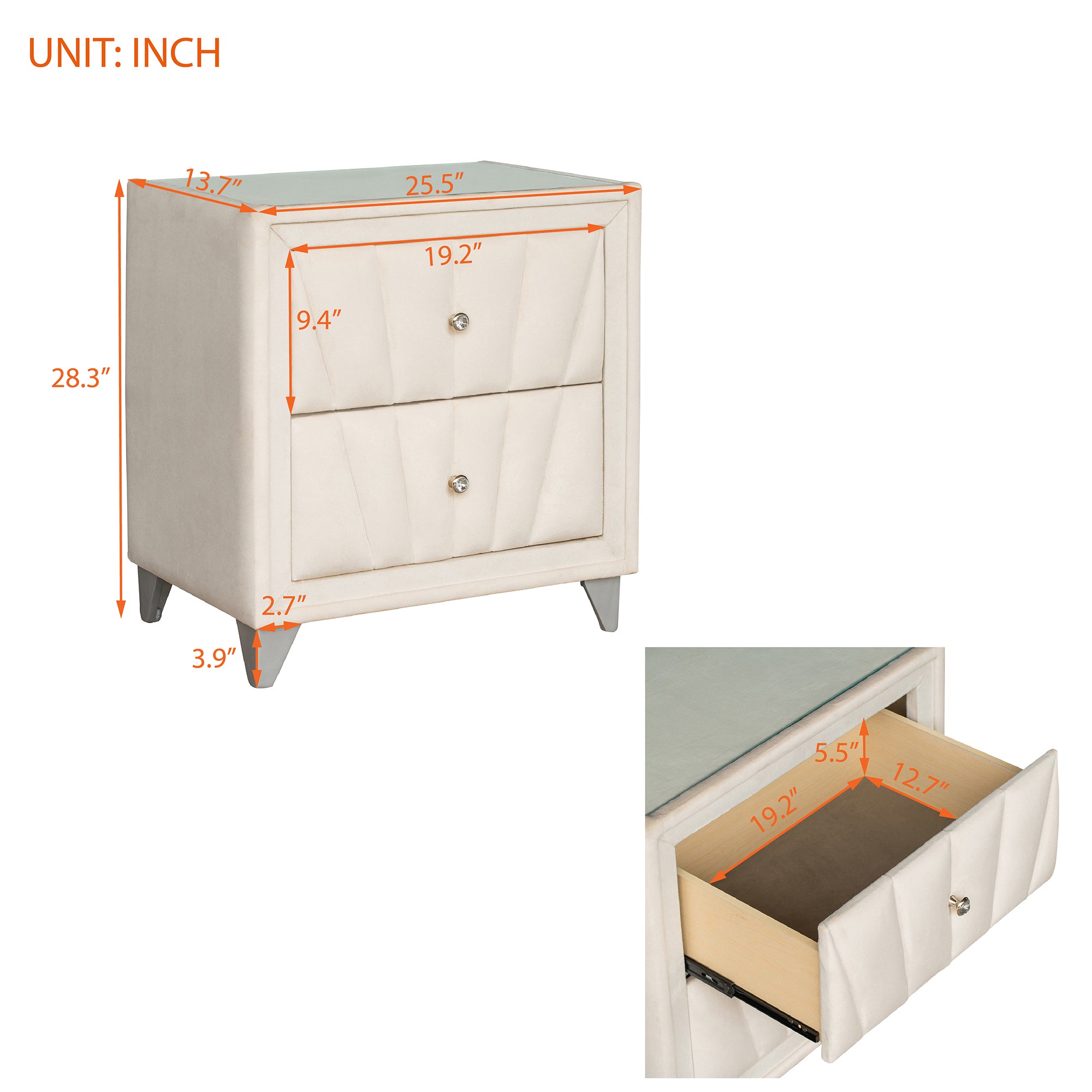 2-Drawer Wood Nightstand with Velvet Fabric and Glass Worktop