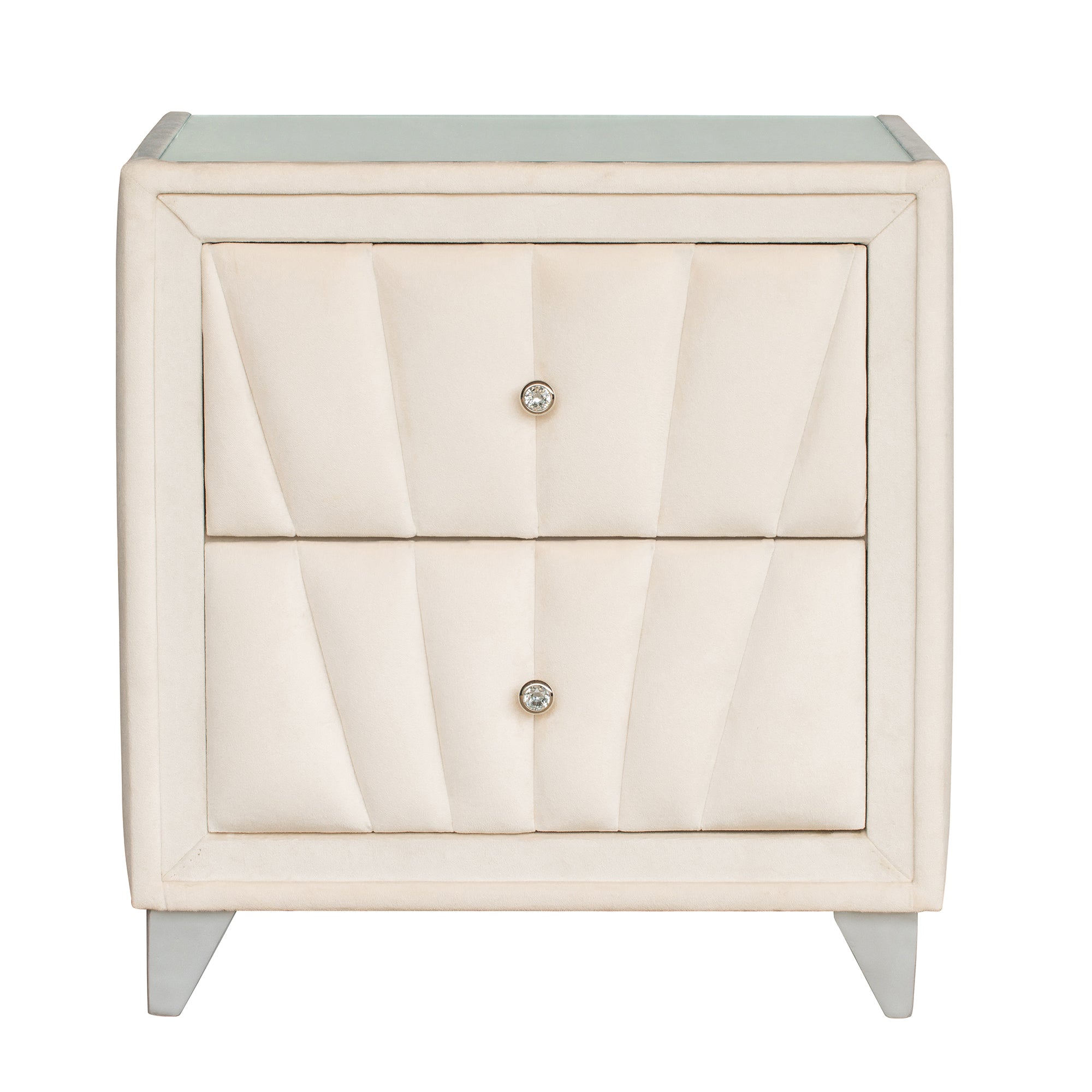 2-Drawer Wood Nightstand with Velvet Fabric and Glass Worktop