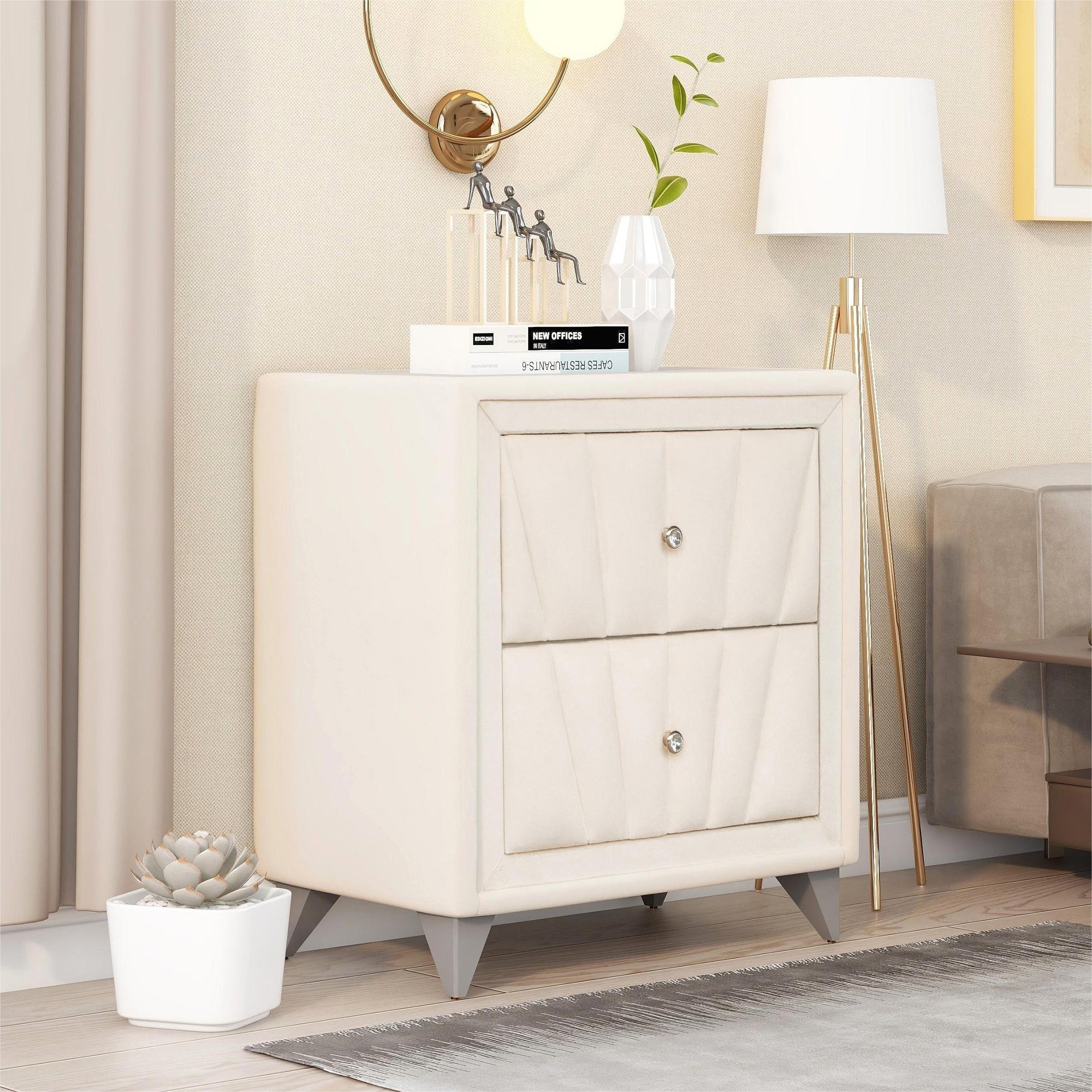 2-Drawer Wood Nightstand with Velvet Fabric and Glass Worktop