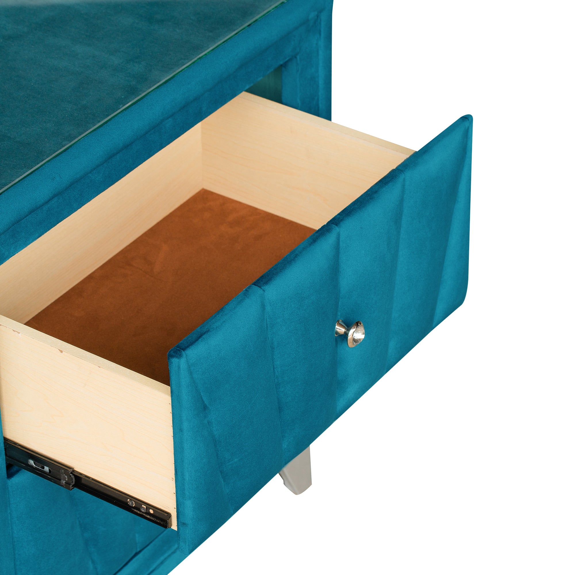 2-Drawer Wood Nightstand with Velvet Fabric and Glass Worktop