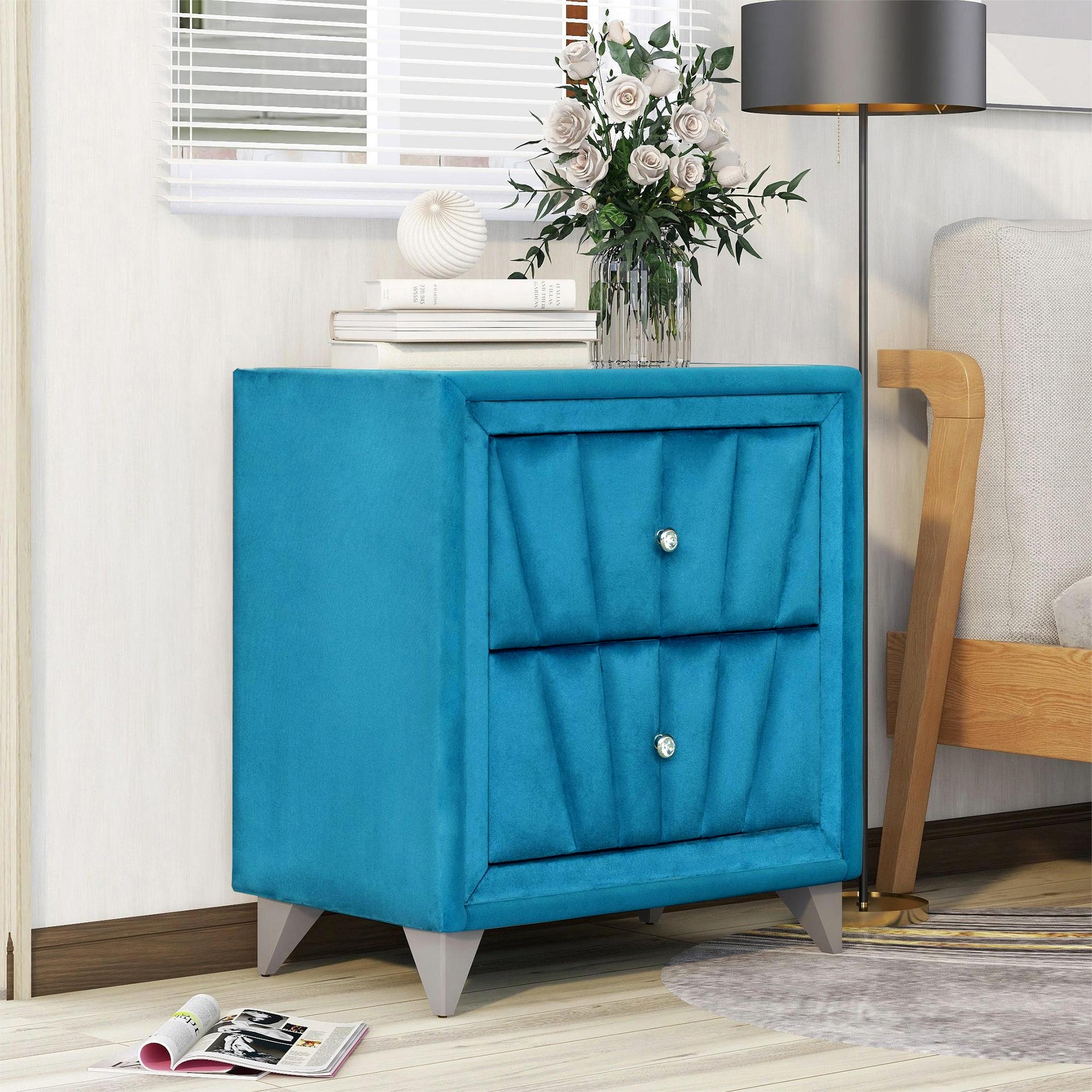2-Drawer Wood Nightstand with Velvet Fabric and Glass Worktop