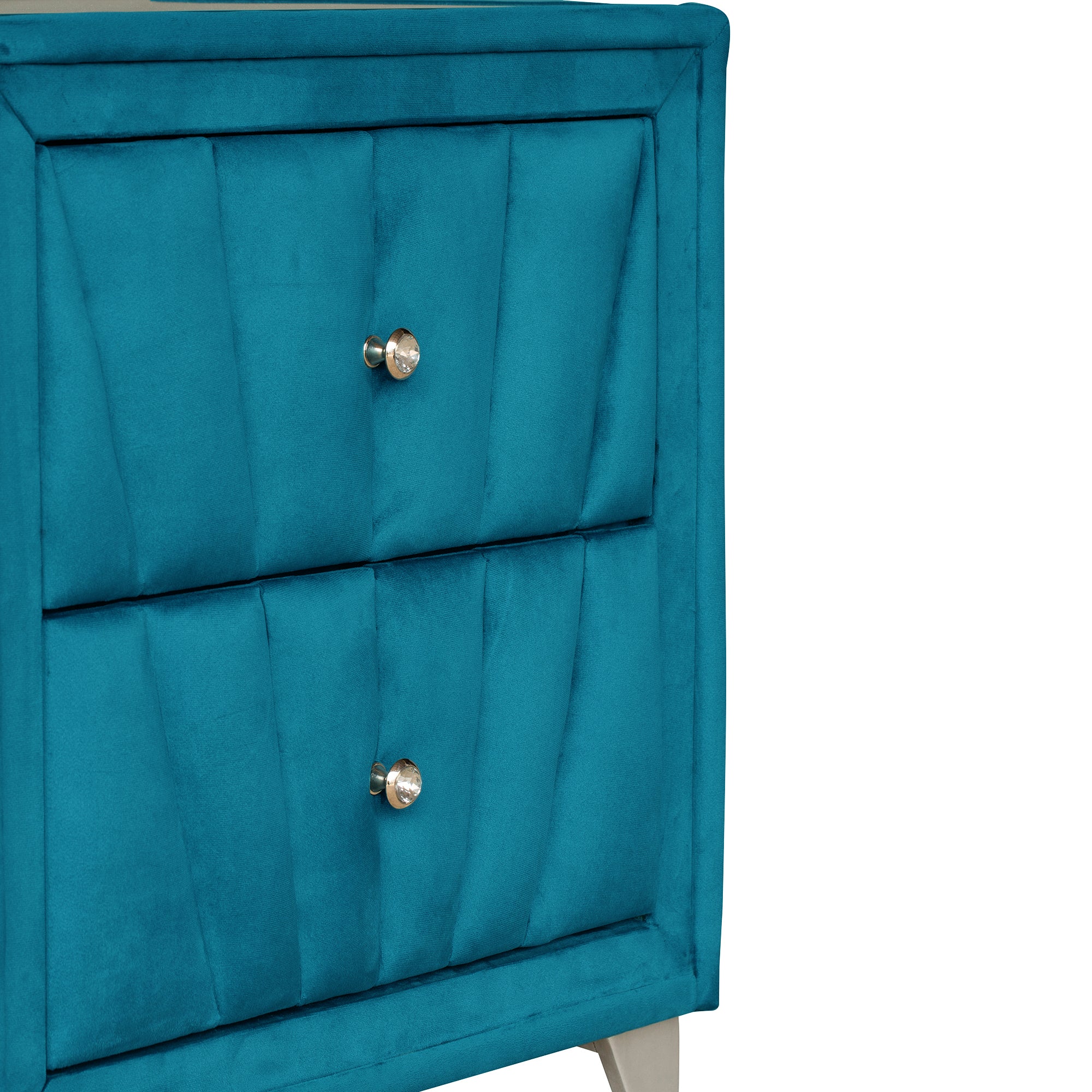 2-Drawer Wood Nightstand with Velvet Fabric and Glass Worktop