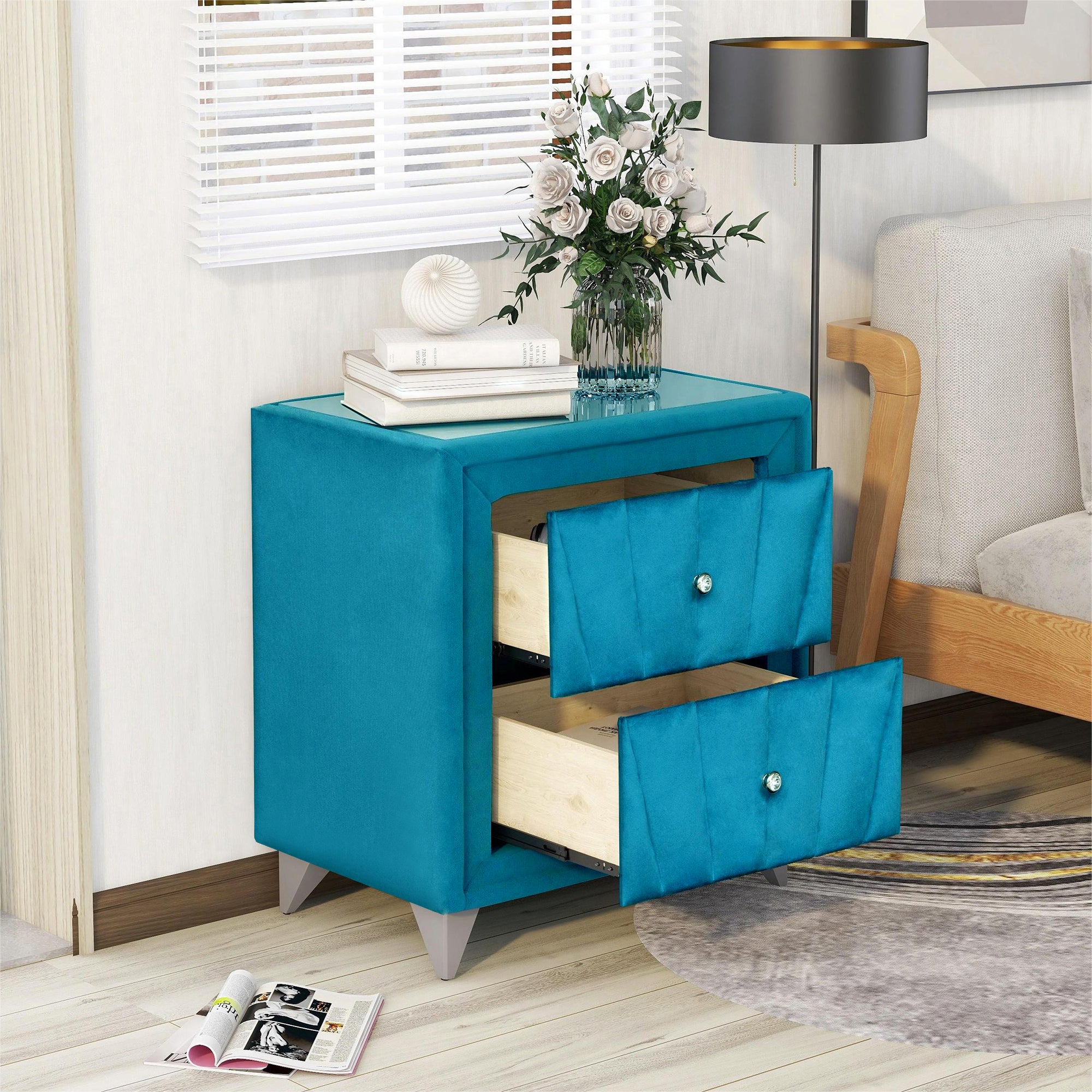 2-Drawer Wood Nightstand with Velvet Fabric and Glass Worktop