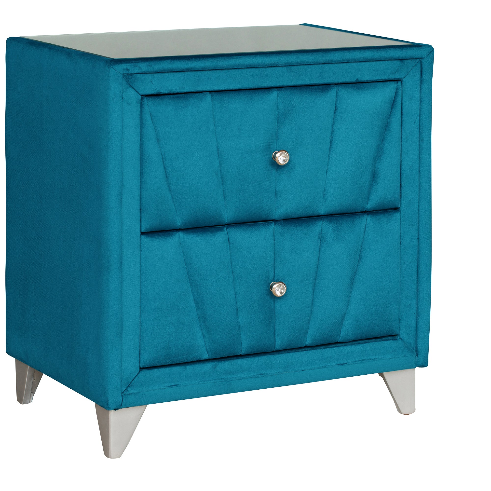 2-Drawer Wood Nightstand with Velvet Fabric and Glass Worktop