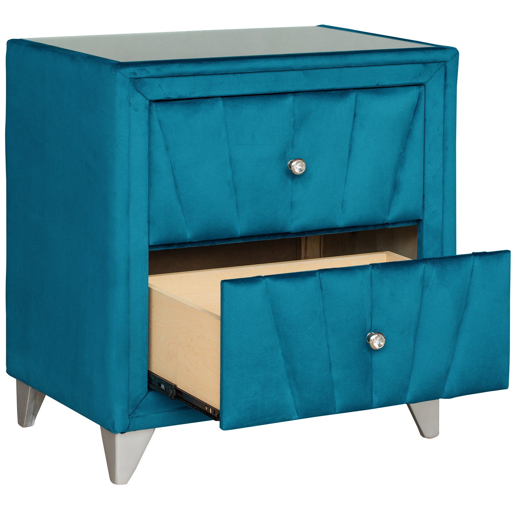2-Drawer Wood Nightstand with Velvet Fabric and Glass Worktop