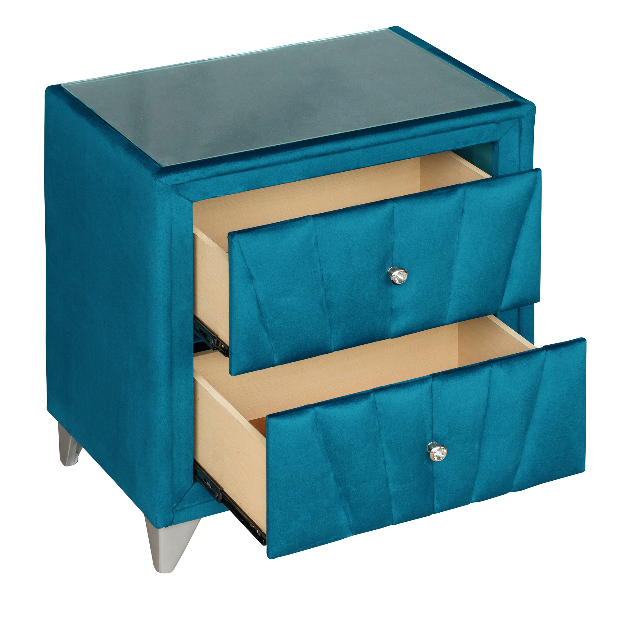 2-Drawer Wood Nightstand with Velvet Fabric and Glass Worktop