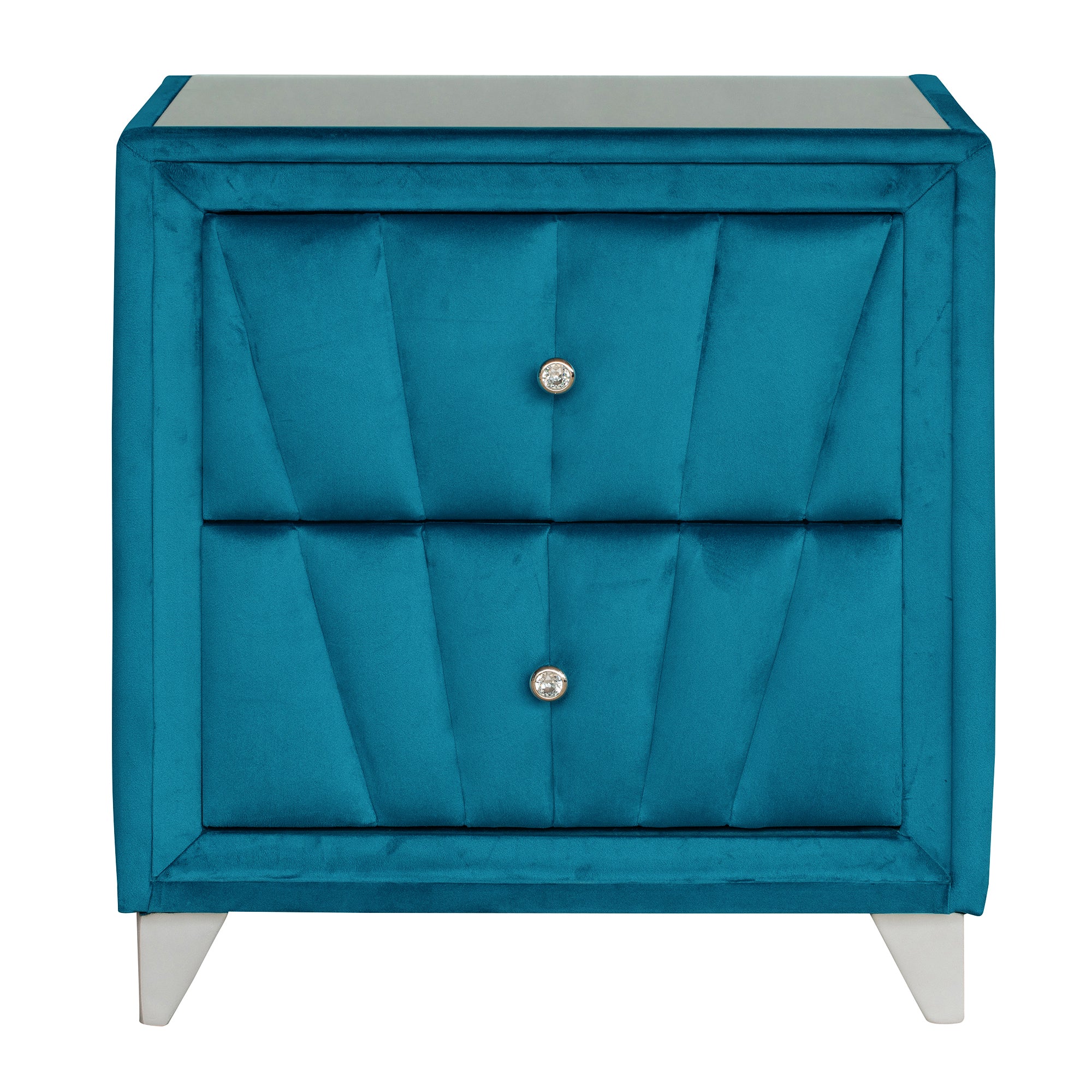 2-Drawer Wood Nightstand with Velvet Fabric and Glass Worktop