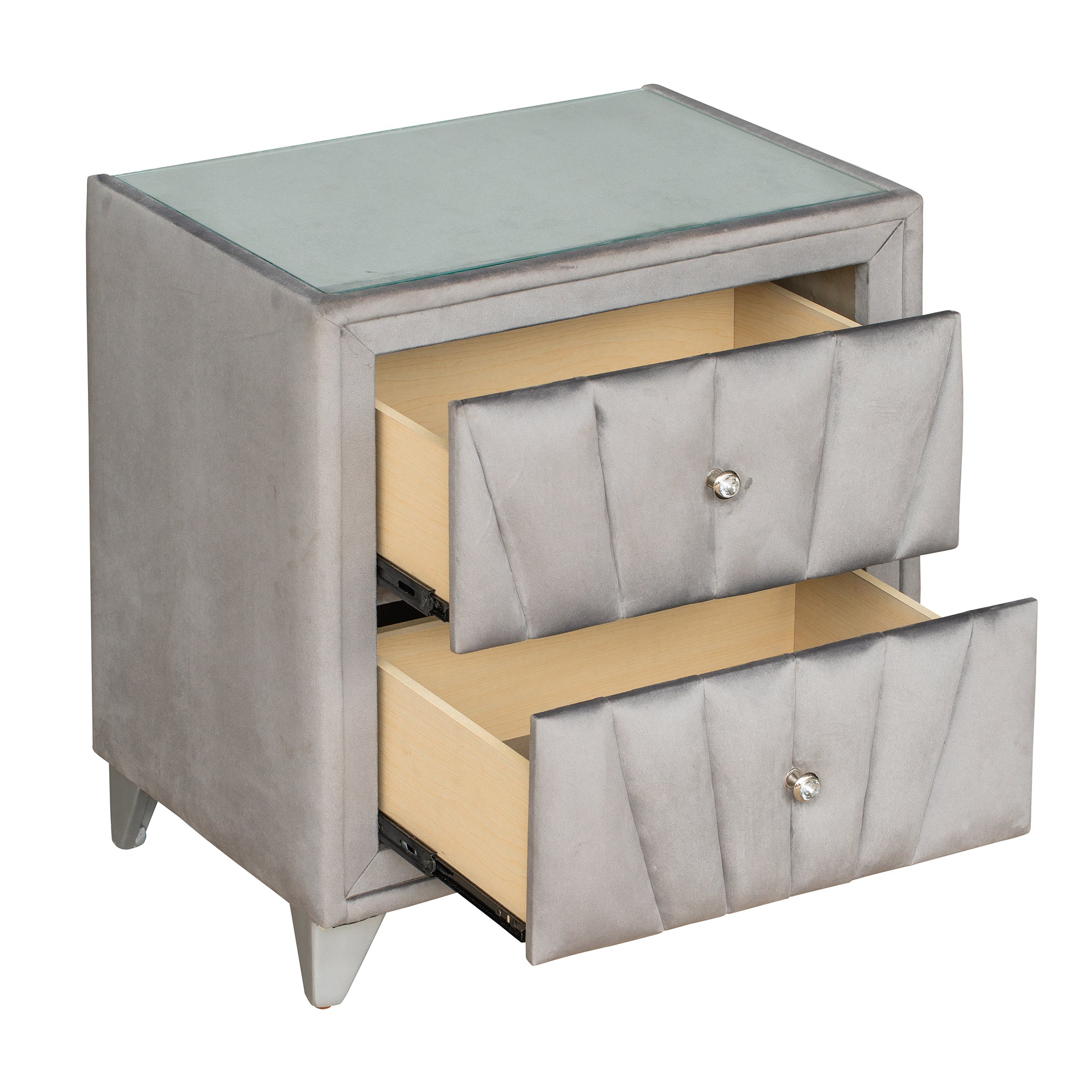 2-Drawer Wood Nightstand with Velvet Fabric and Glass Worktop