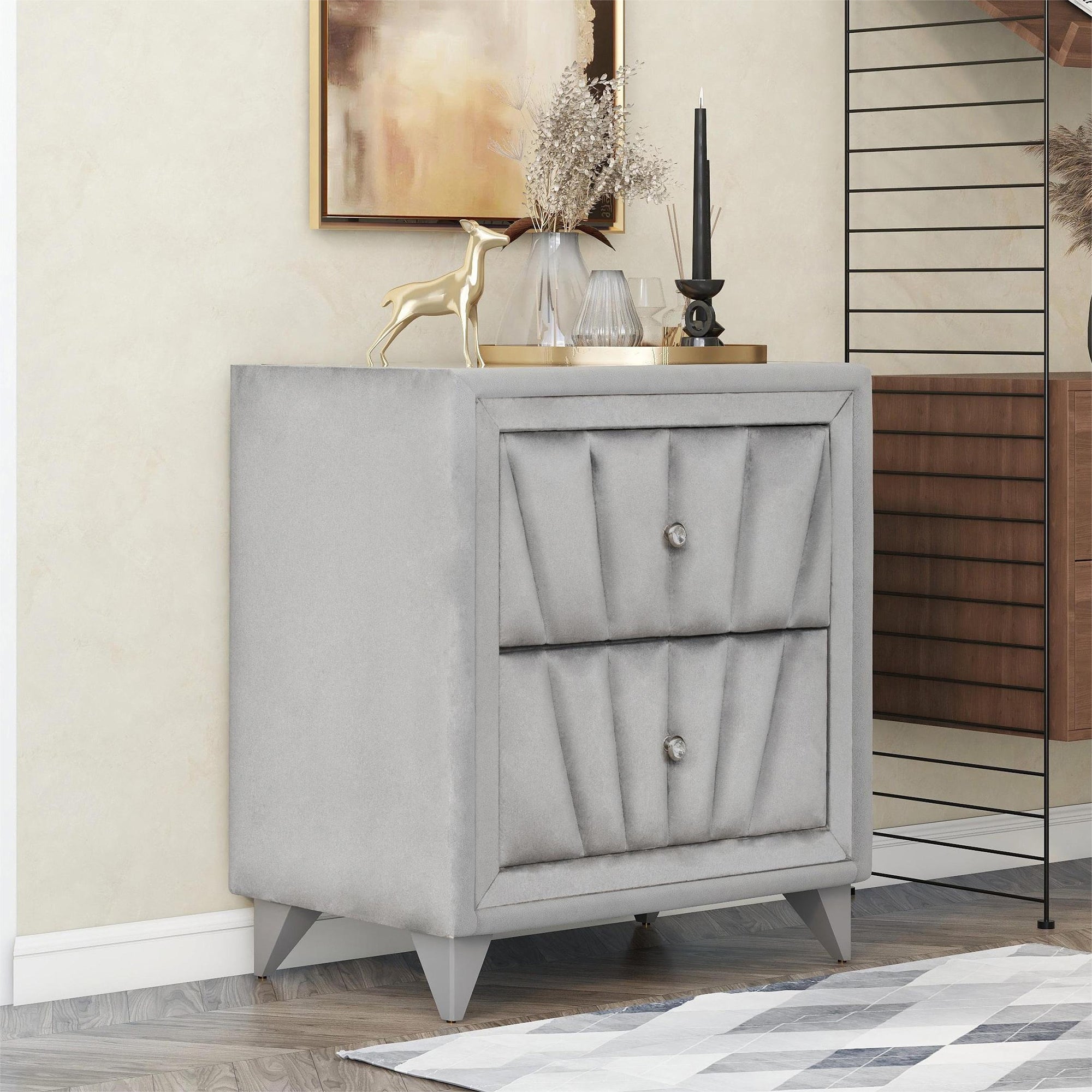 2-Drawer Wood Nightstand with Velvet Fabric and Glass Worktop