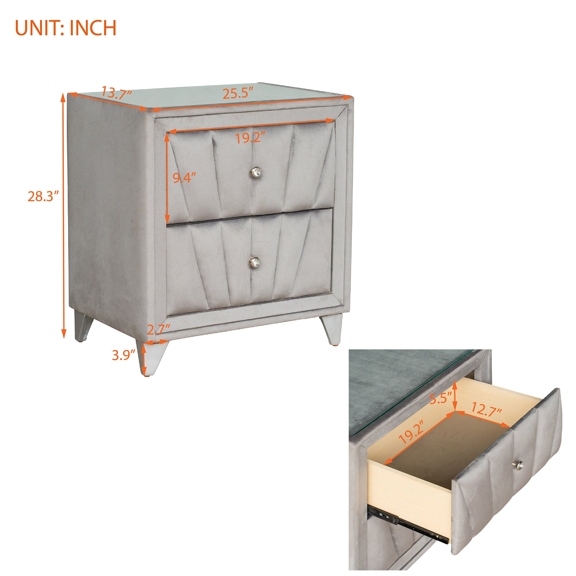 2-Drawer Wood Nightstand with Velvet Fabric and Glass Worktop