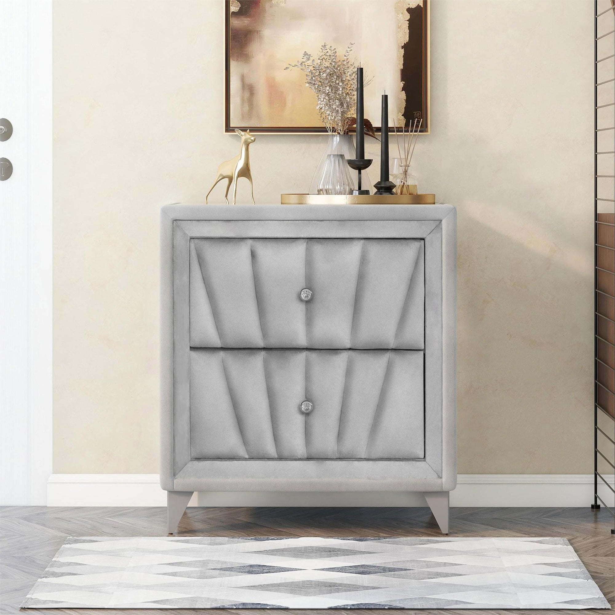 2-Drawer Wood Nightstand with Velvet Fabric and Glass Worktop