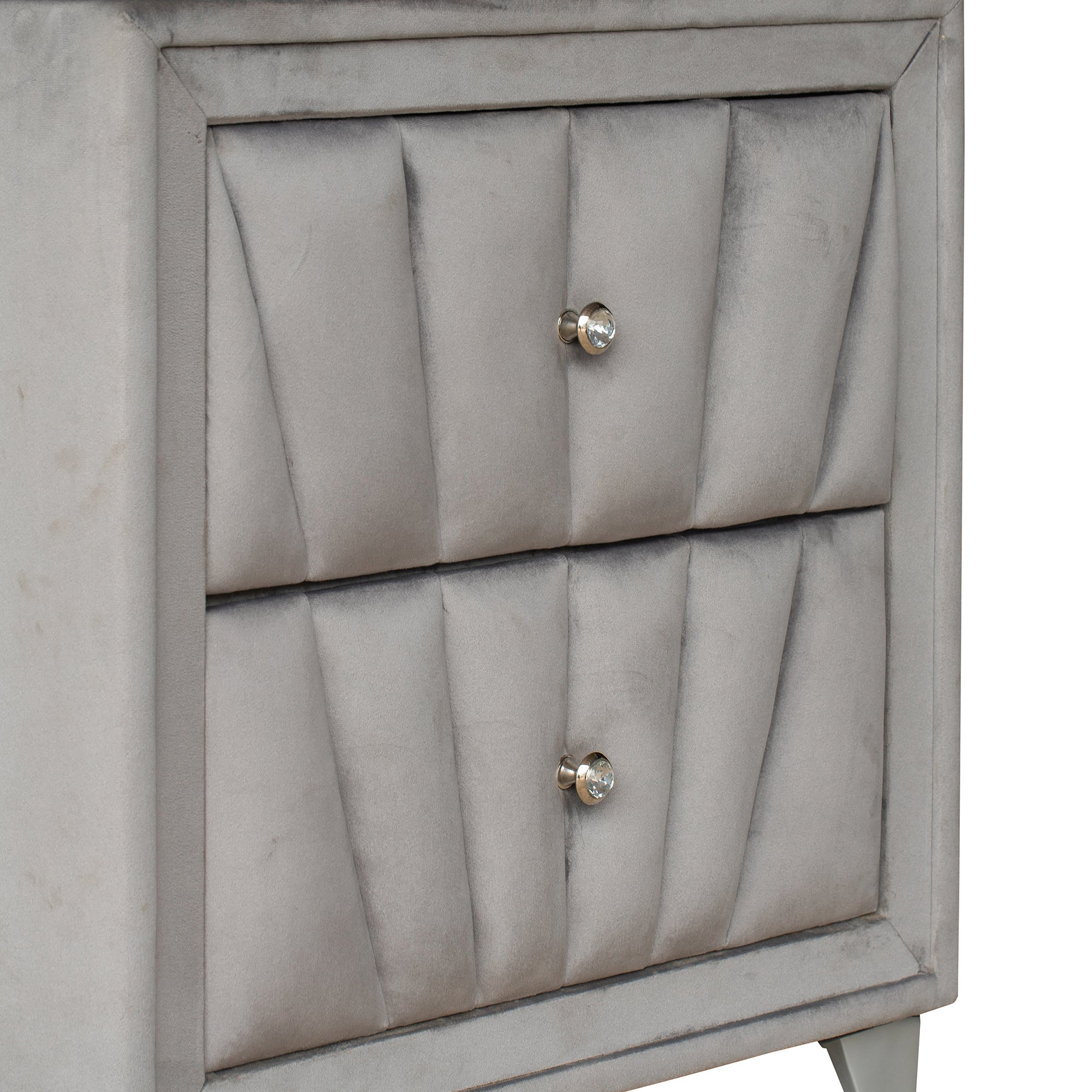 2-Drawer Wood Nightstand with Velvet Fabric and Glass Worktop