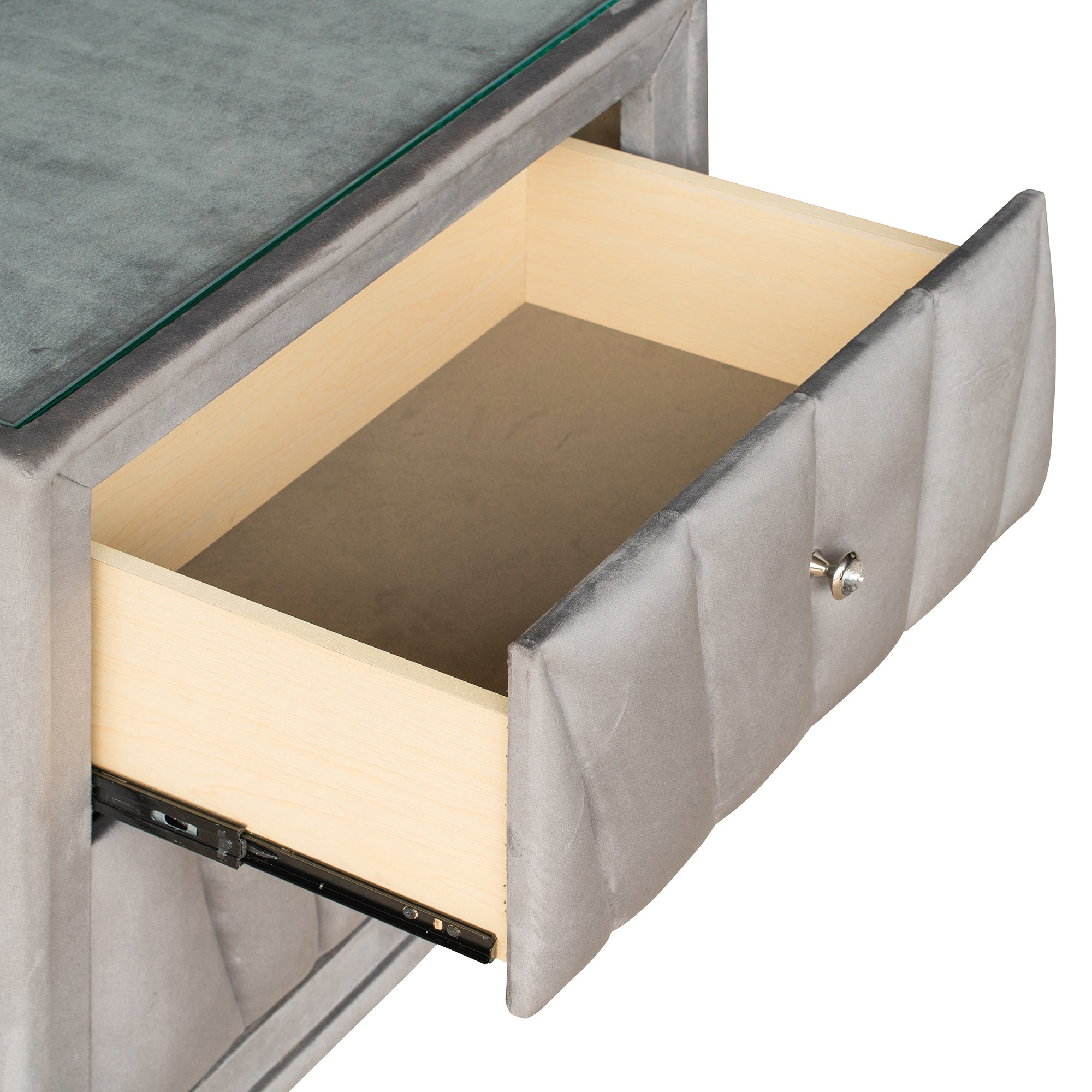 2-Drawer Wood Nightstand with Velvet Fabric and Glass Worktop