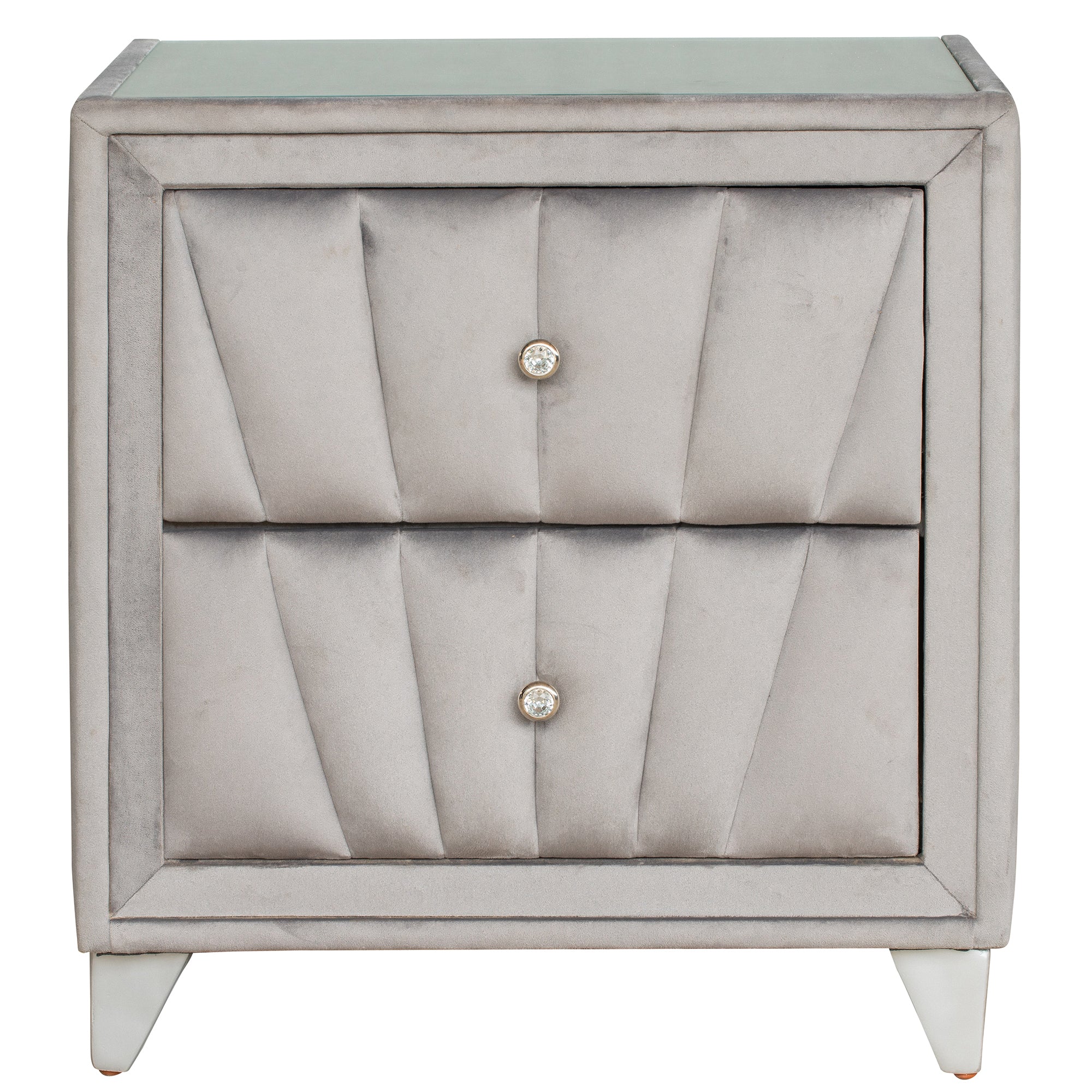 2-Drawer Wood Nightstand with Velvet Fabric and Glass Worktop