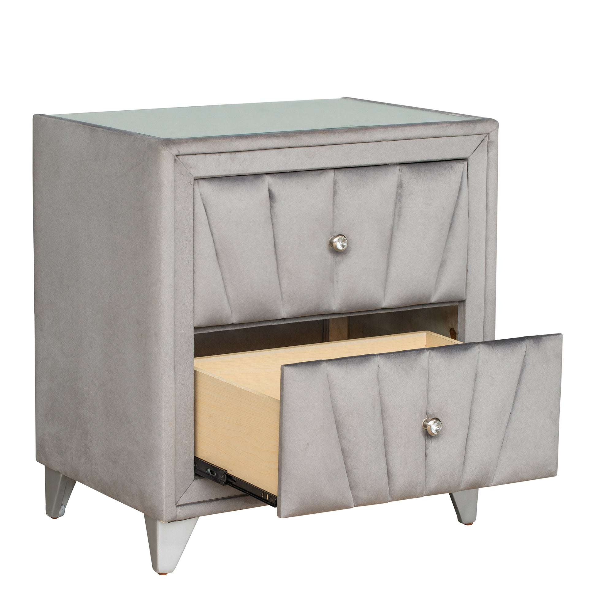 2-Drawer Wood Nightstand with Velvet Fabric and Glass Worktop