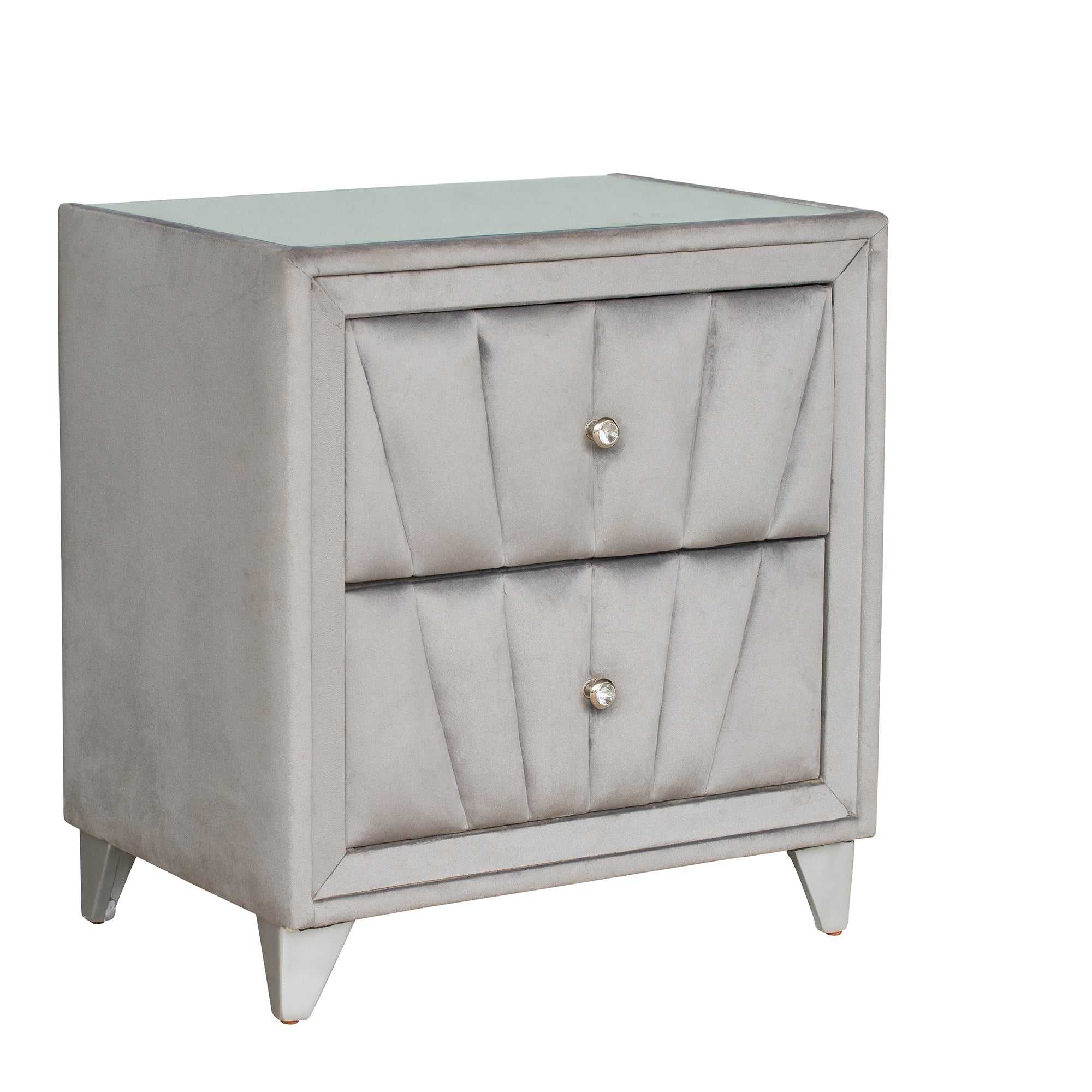 2-Drawer Wood Nightstand with Velvet Fabric and Glass Worktop