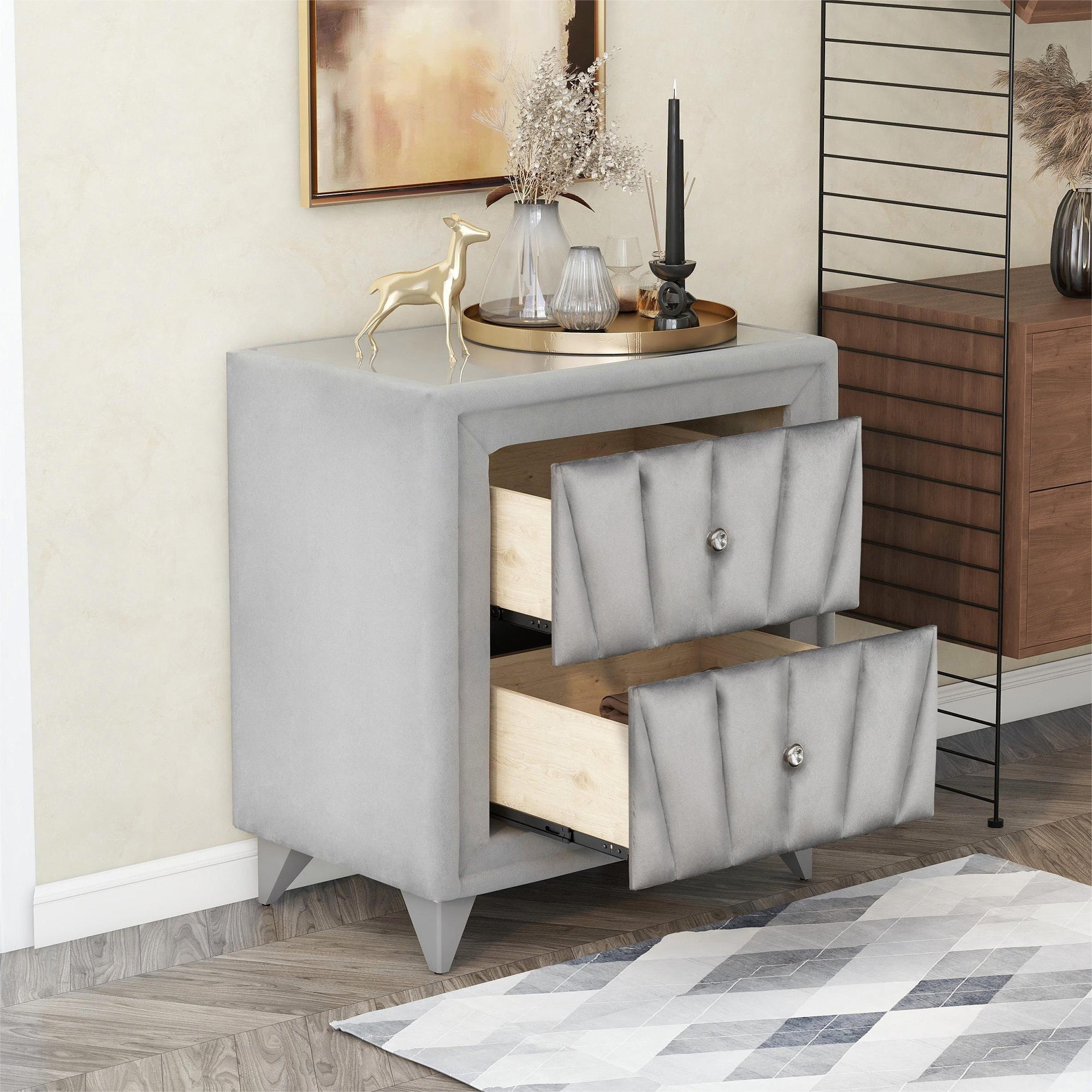 2-Drawer Wood Nightstand with Velvet Fabric and Glass Worktop