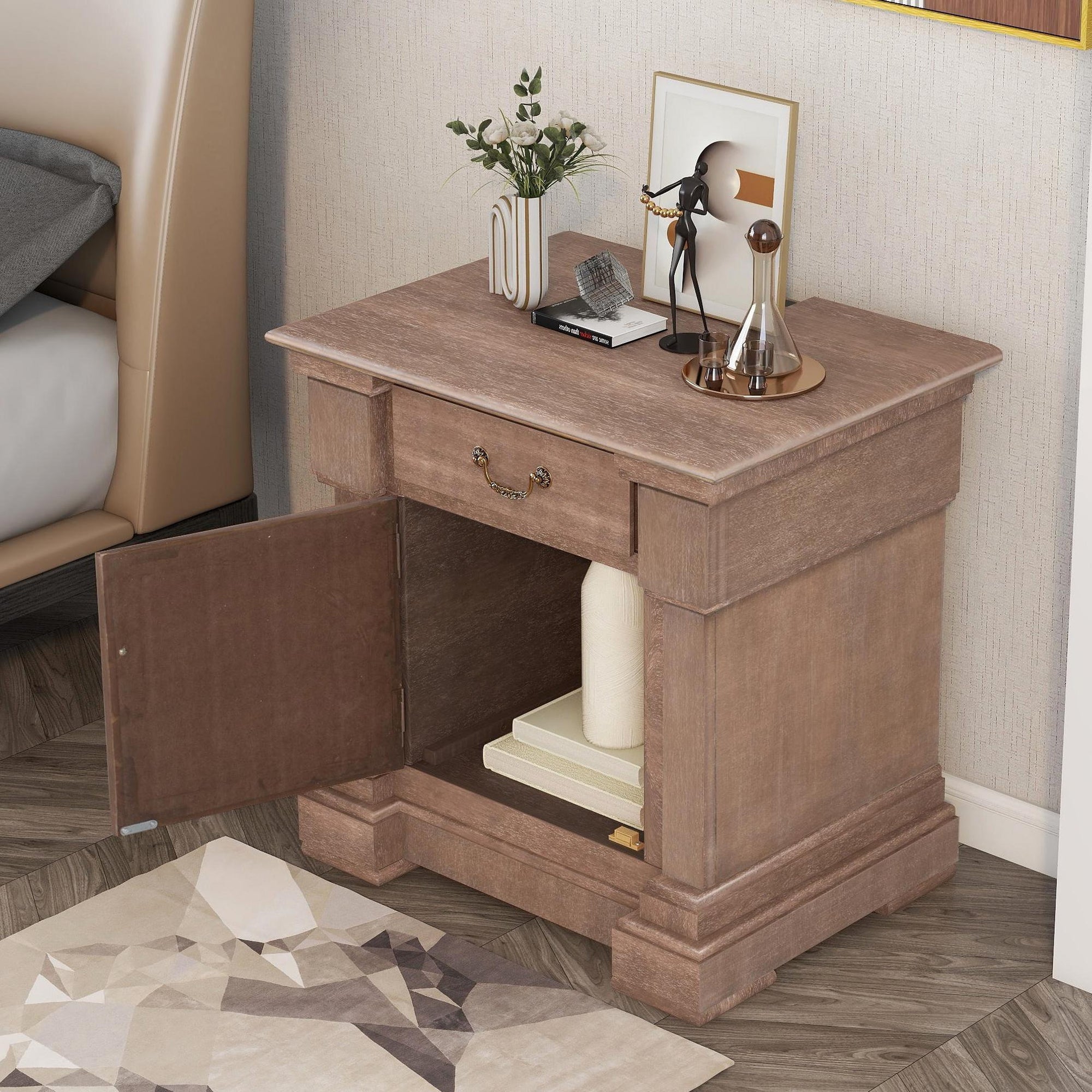 1 Drawer Wood Nightstand with USB Ports